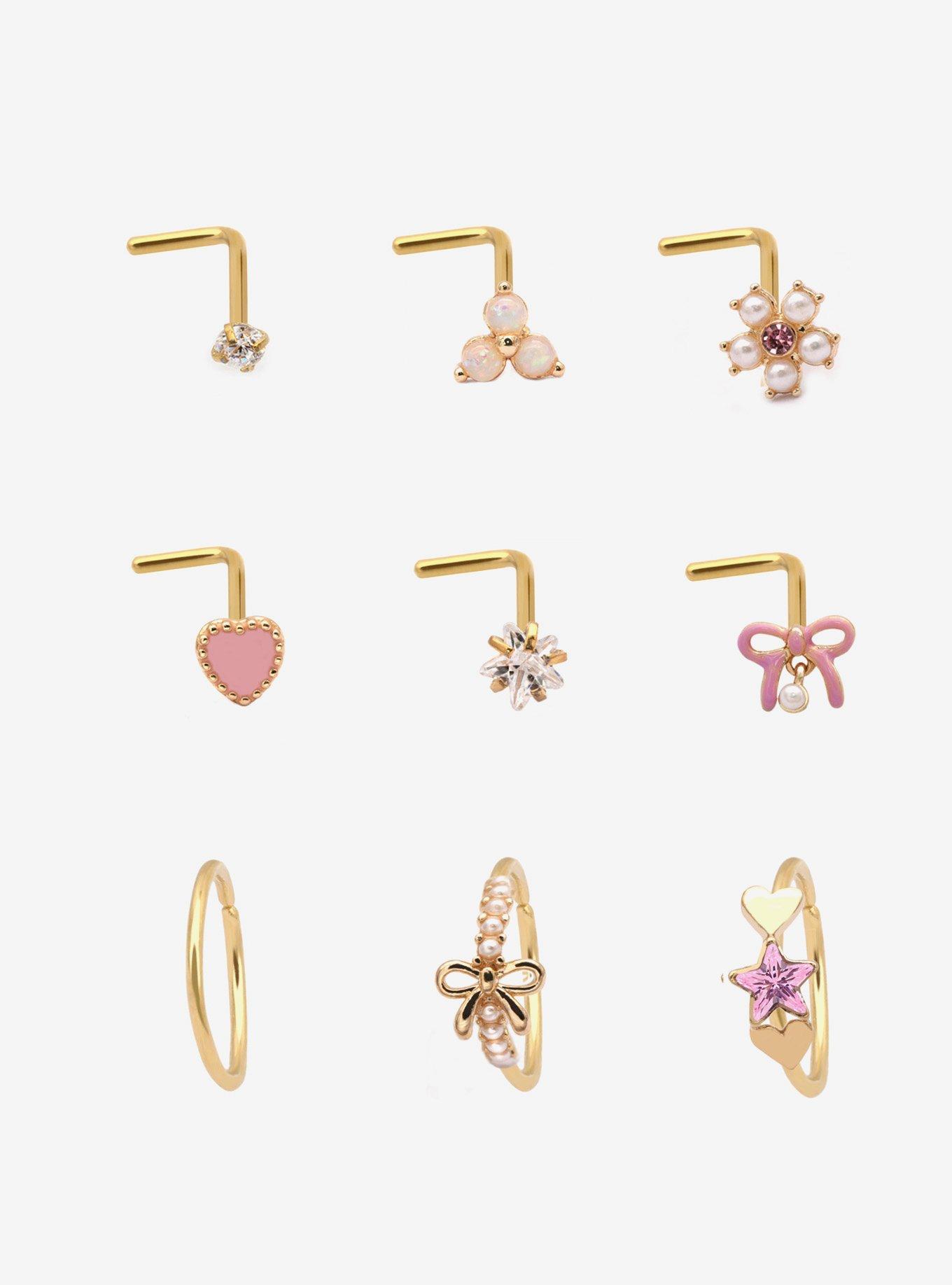 Steel Pink Bow Star Heart Nose Stud & Hoop 9 Pack, MULTI, hi-res