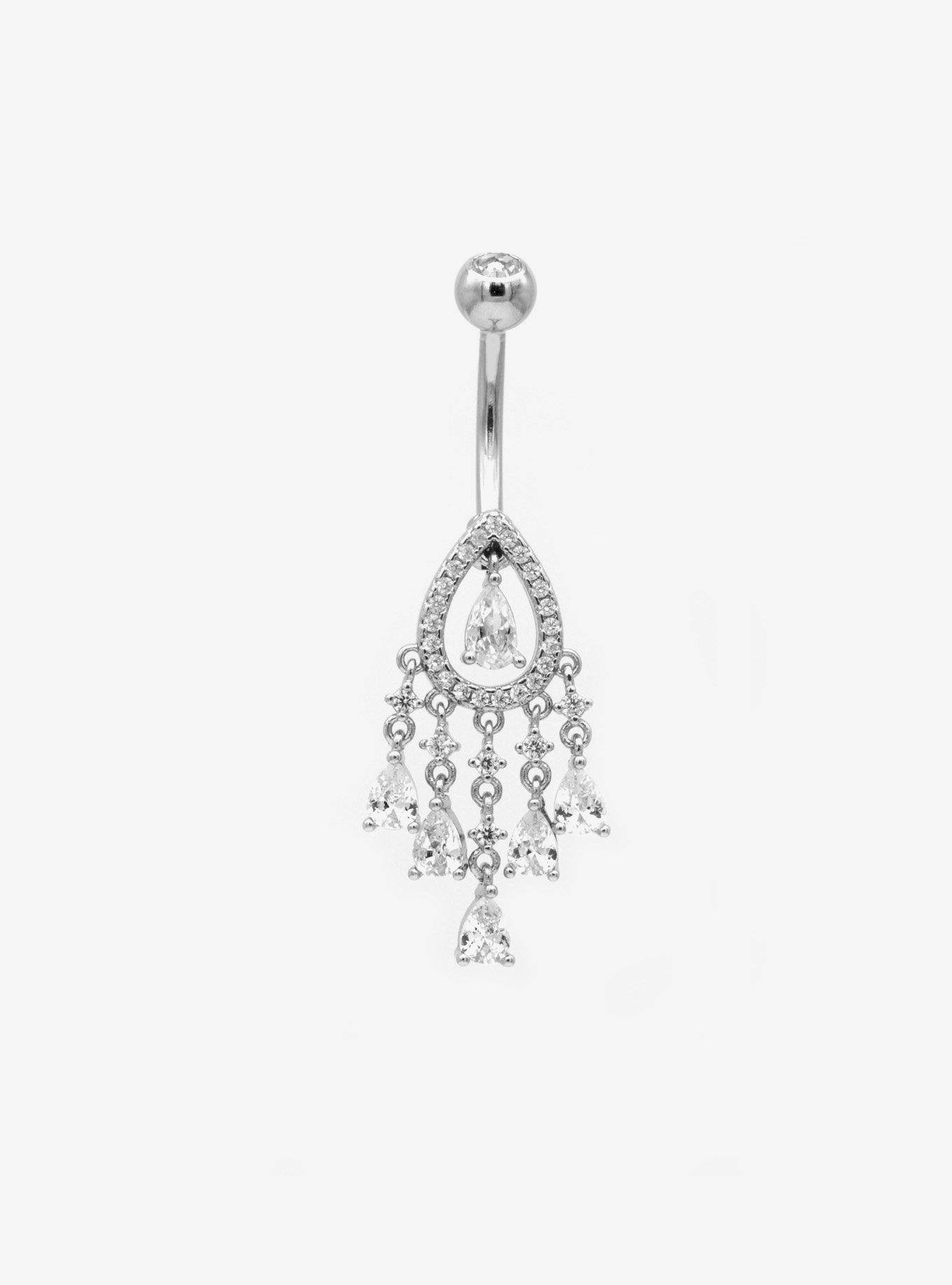 14G Steel Teardrop CZ Dangle Navel Barbell, , hi-res