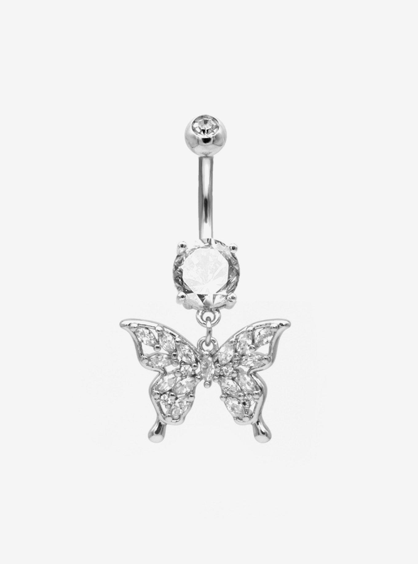 14G Steel Butterfly Gem Navel Barbell, , hi-res