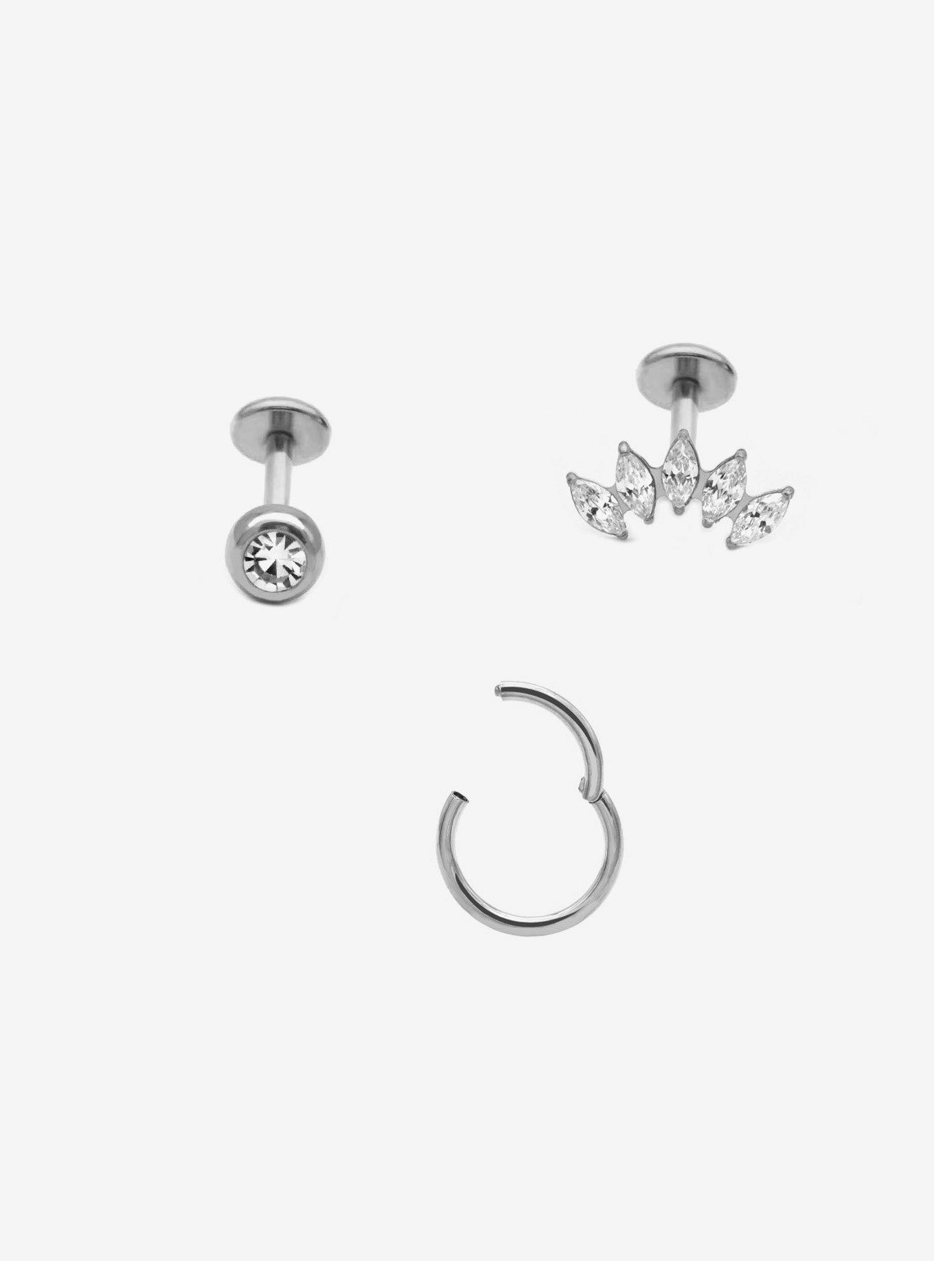 16G Steel Silver Gem Labret Stud & Hoop 3 Pack, , hi-res