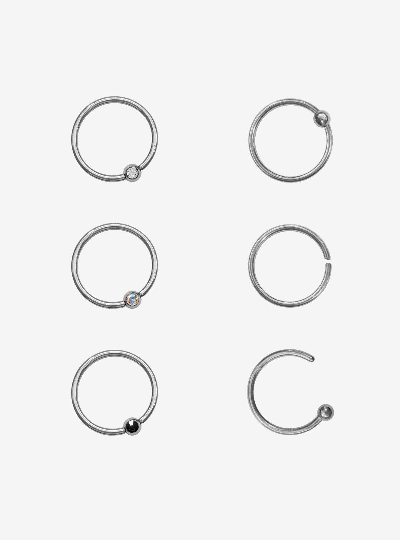 Steel Silver Gem Nose Hoop 6 Pack, MULTI, hi-res