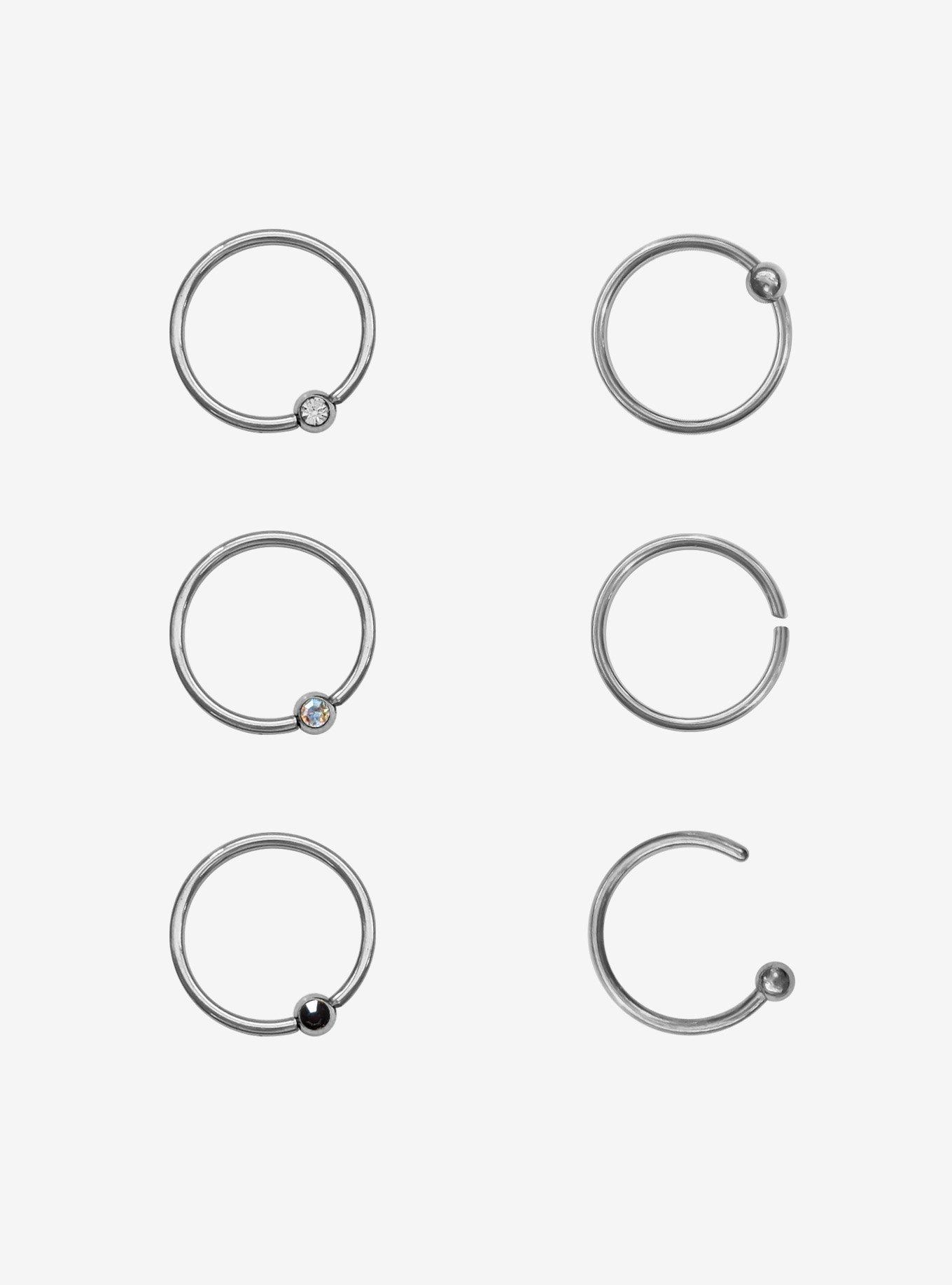 Steel Silver Gem Nose Hoop 6 Pack, , hi-res