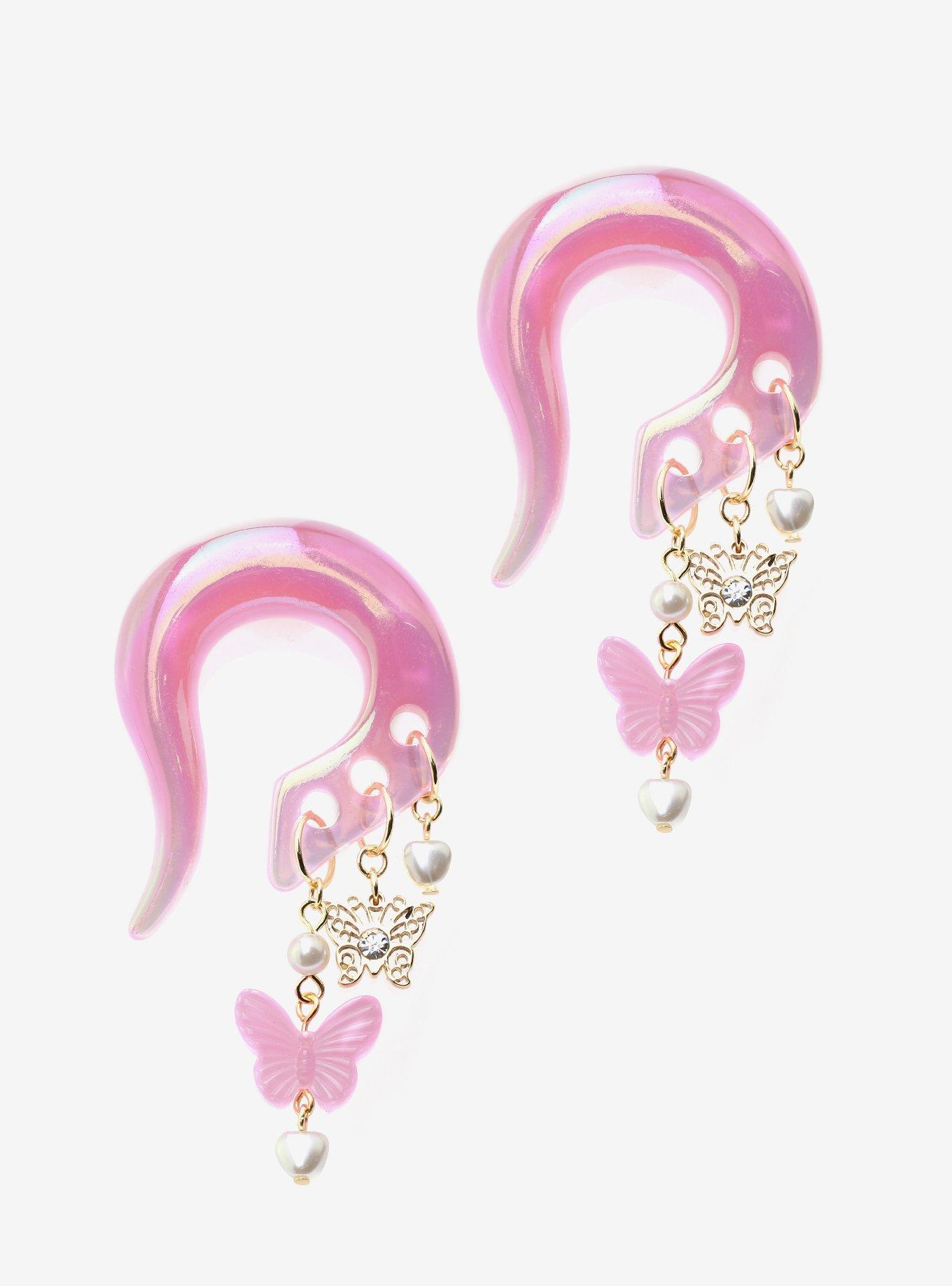 Acrylic Pink Butterfly Pearl Hanger Taper Plug 2 Pack