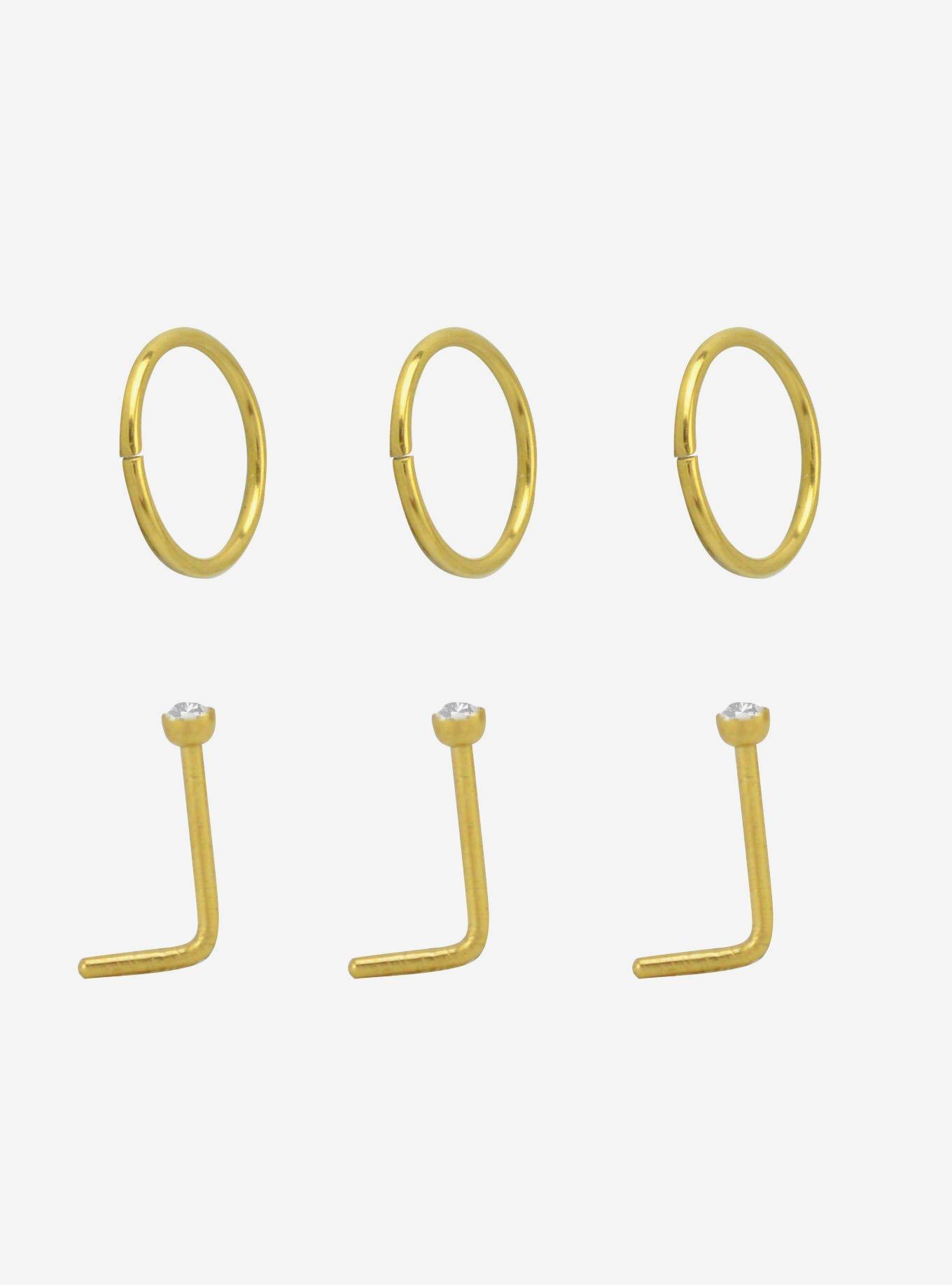 Steel Gold Gem Nose Stud & Hoop 6 Pack