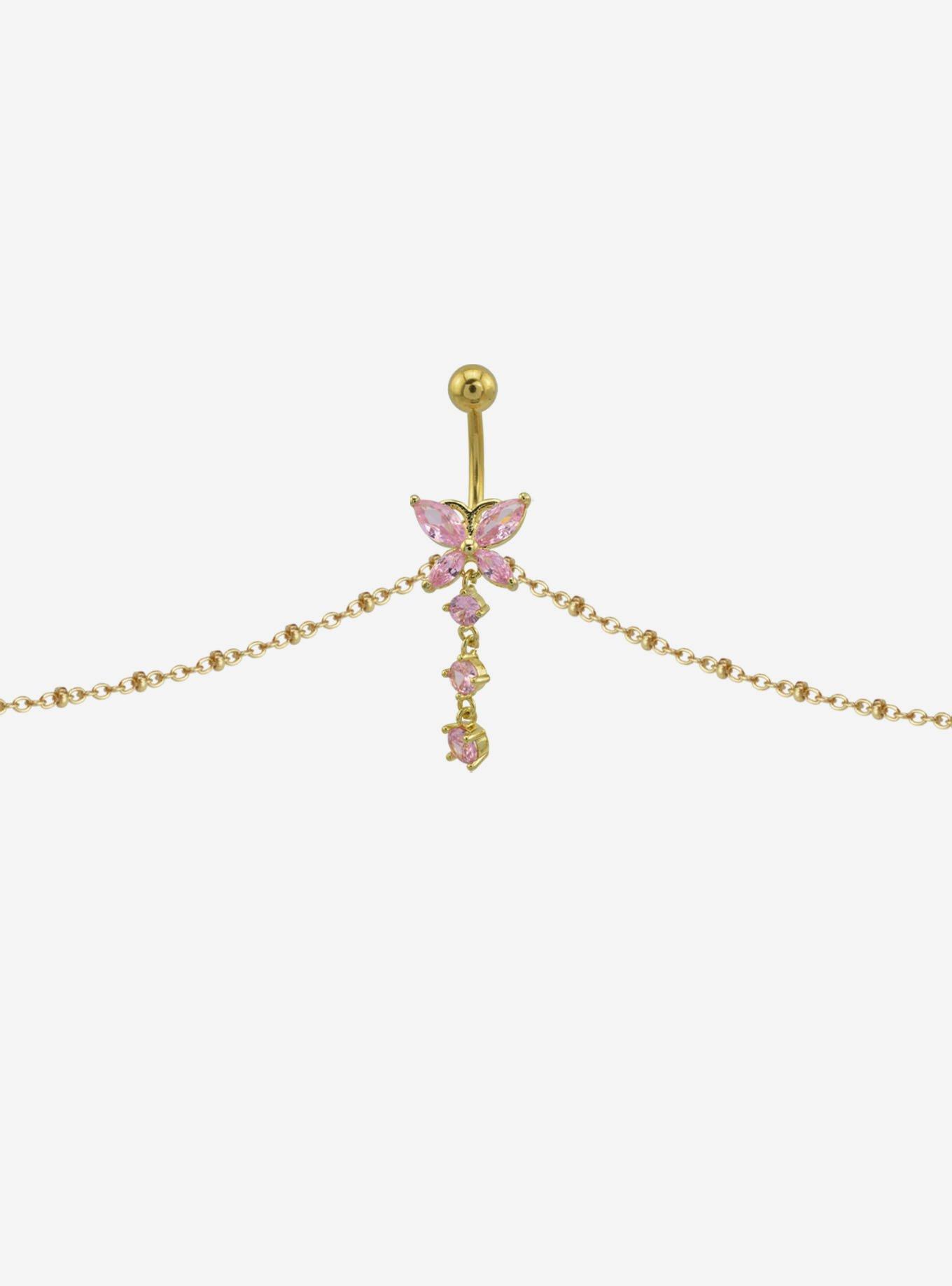 14G Steel Gold Pink Butterfly Navel Barbell With Chain