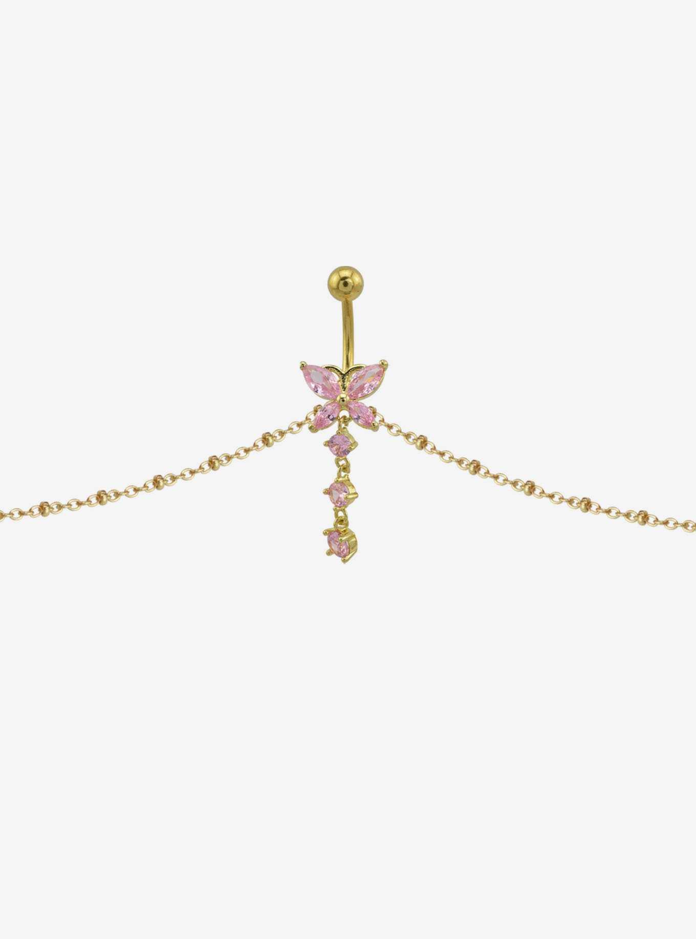 14G Steel Gold Pink Butterfly Navel Barbell With Chain, , hi-res