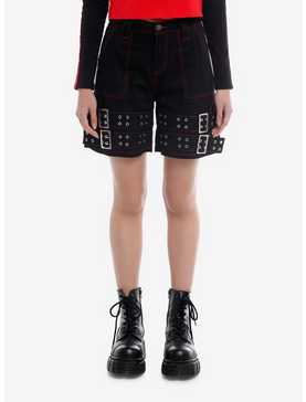Social Collision® Red Contrast Stitch Grommet Belt Carpenter Shorts, , hi-res
