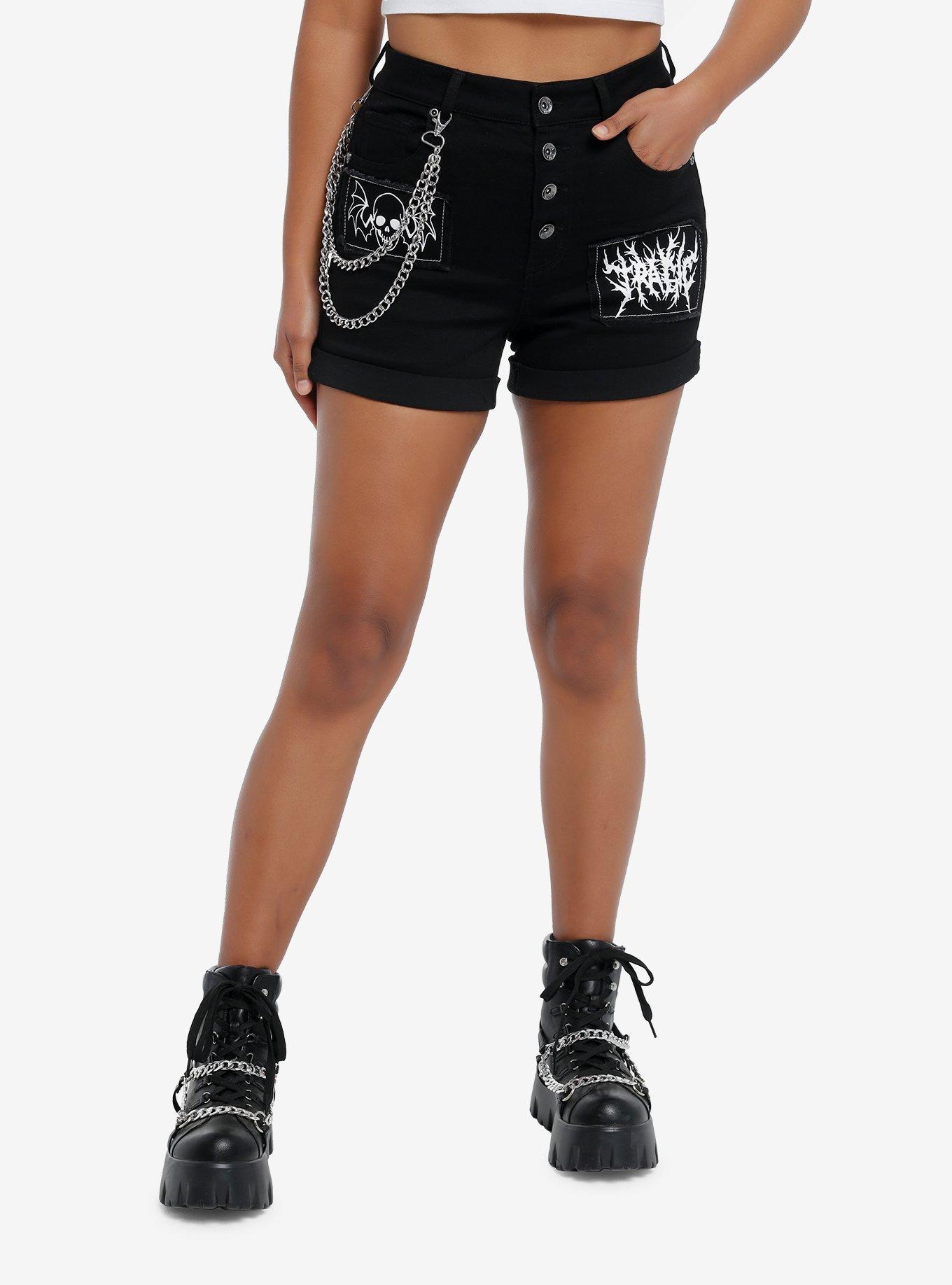 Black Punk Patches Side Chain Shorts, , hi-res