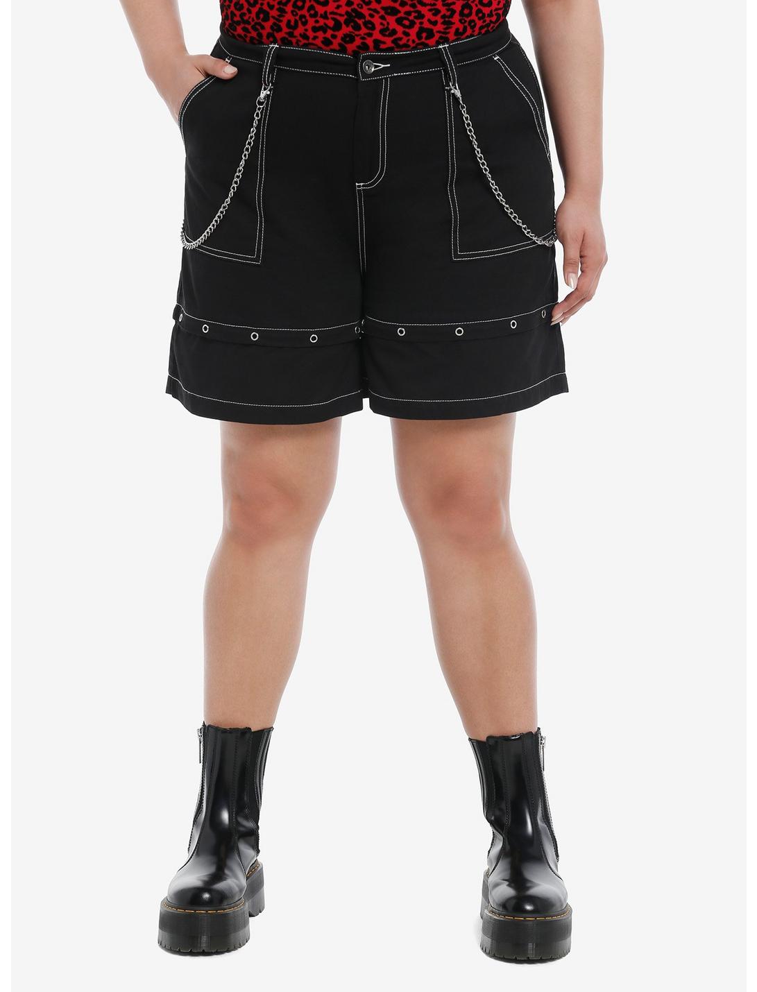 Black Double Chain Girls Carpenter Shorts Plus Size, BLACK, hi-res