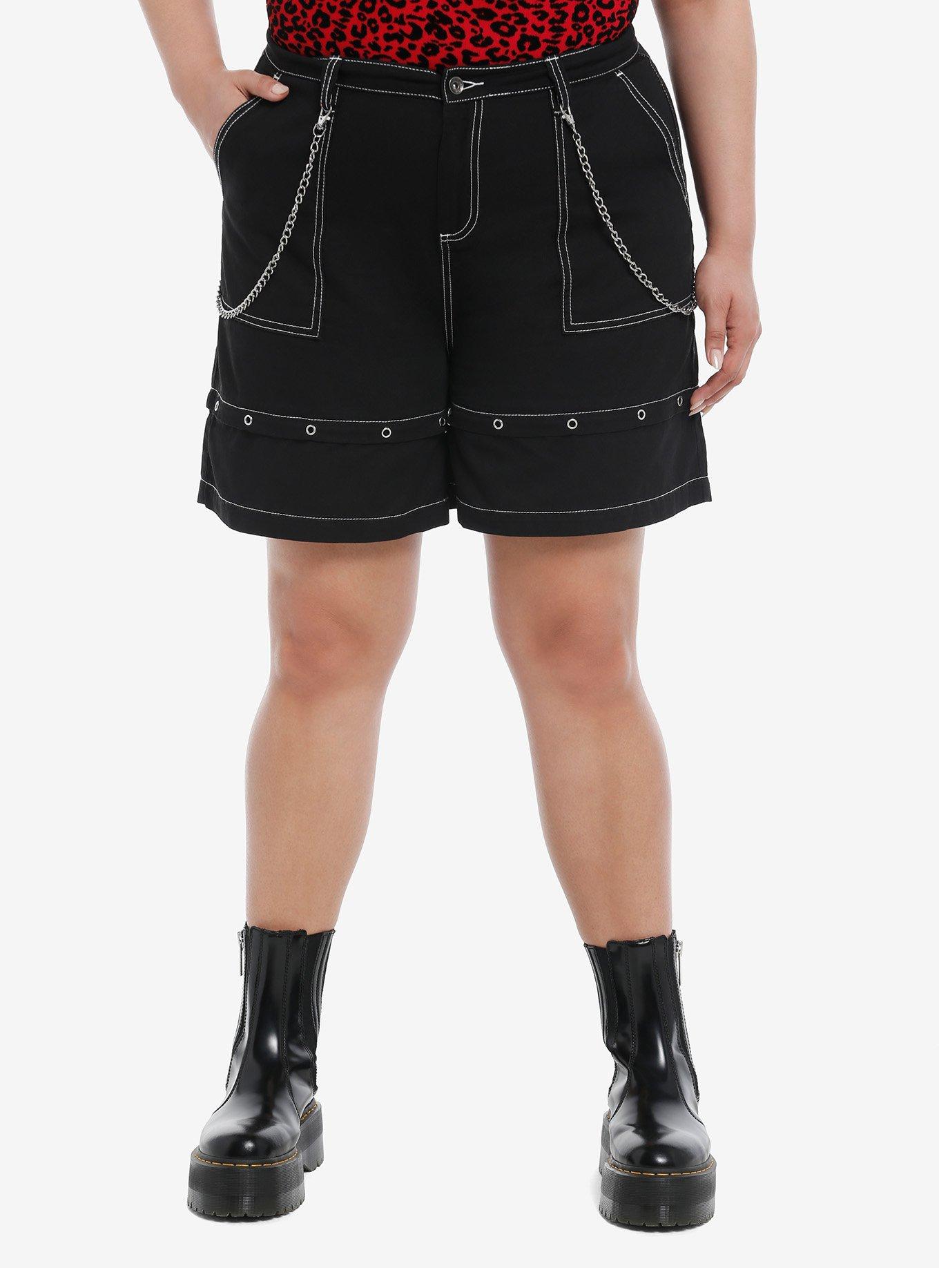 Black Double Chain Girls Carpenter Shorts Plus Size, BLACK, hi-res
