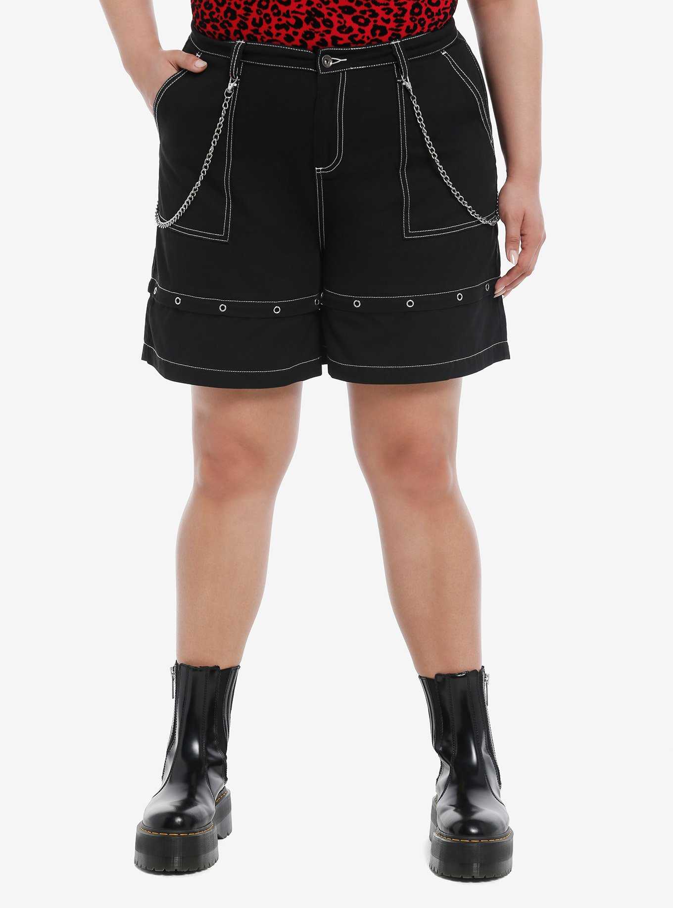 Black Double Chain Girls Carpenter Shorts Plus Size, , hi-res