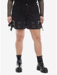 Social Collision® Red Contrast Stitch Grommet Belt Carpenter Shorts Plus Size, BLACK  BLACK RED, hi-res