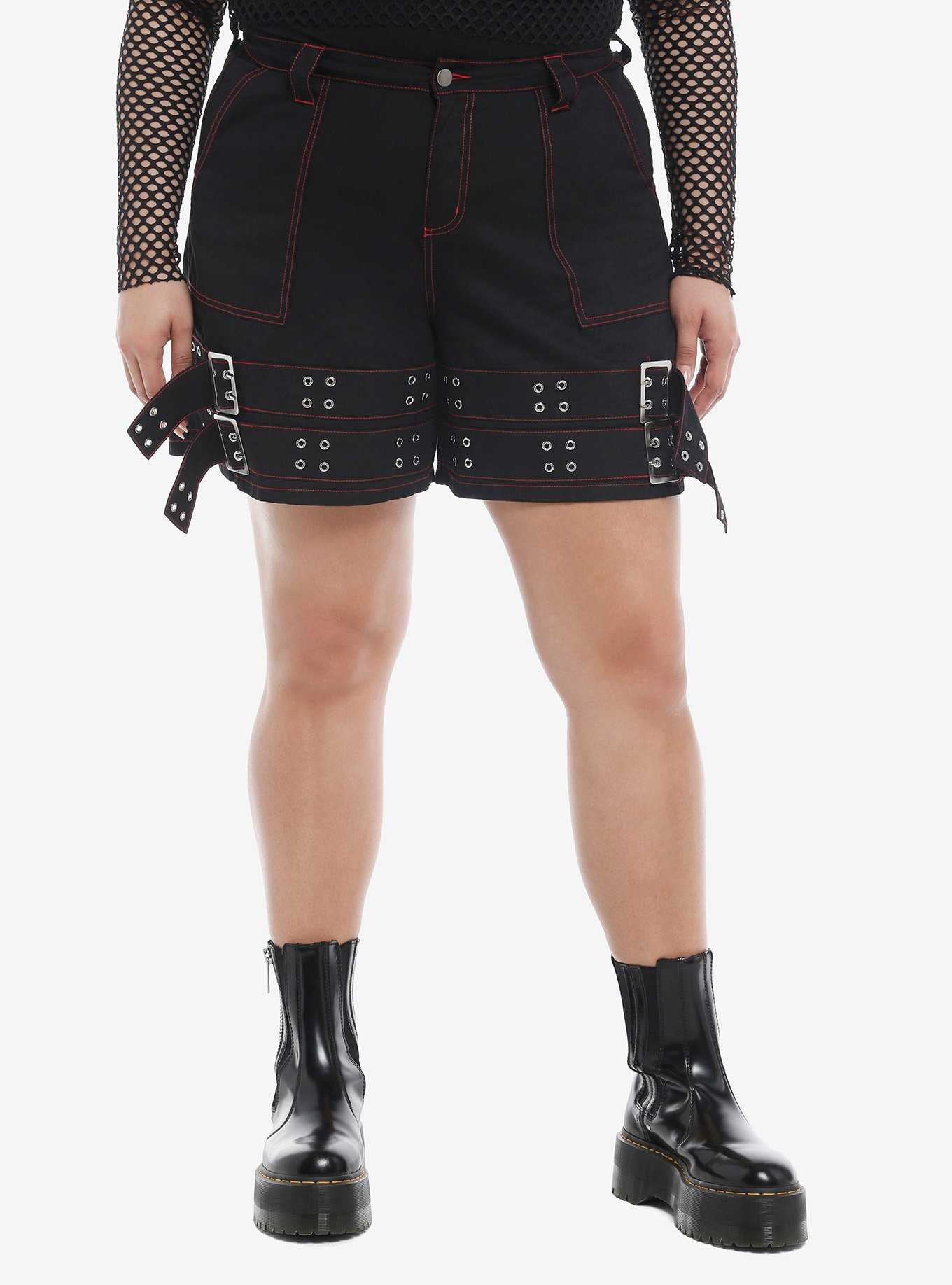 Red Tartan Black Punk Emo Rock Grunge Outfit Aesthetic Dark Fashion  Alternative Split Leg Zipper 3/4 Shorts 