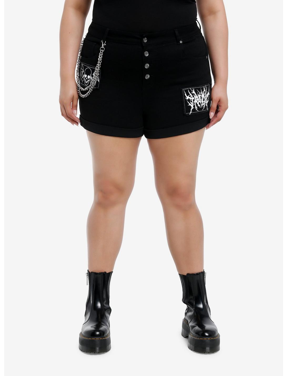 Black Punk Patches Side Chain Shorts Plus Size, BLACK, hi-res