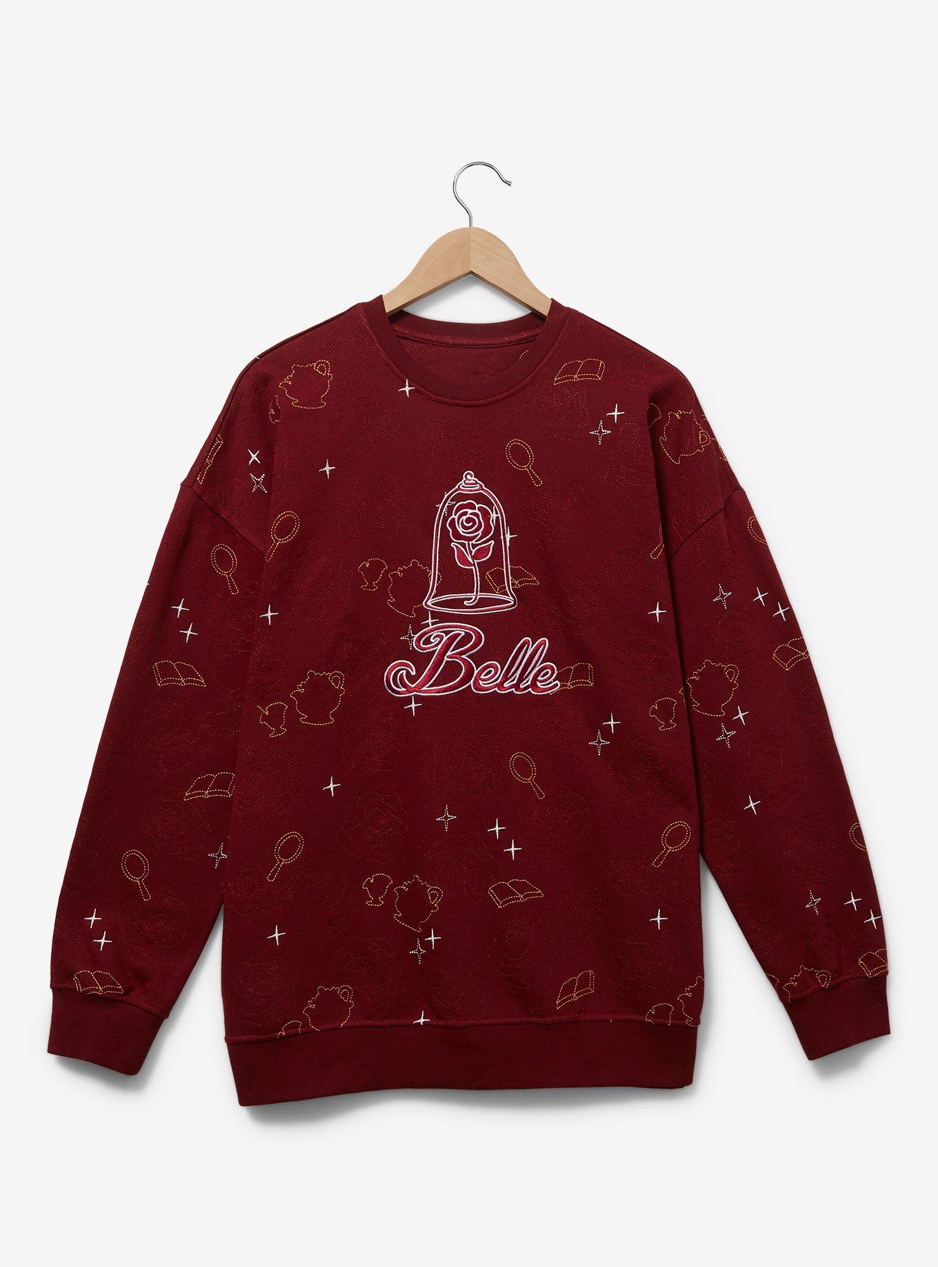 Disney Beauty and the Beast Belle Topographic Rose Crewneck — BoxLunch Exclusive, RED, hi-res