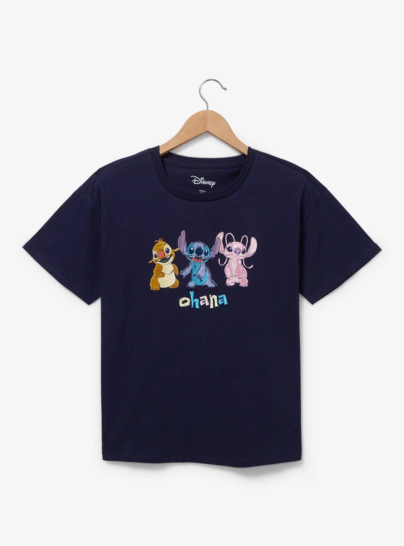 Disney Lilo & Stitch Reuben, Angel, and Stitch Ohana Embroidered Women's T-Shirt — BoxLunch Exclusive, NAVY, hi-res
