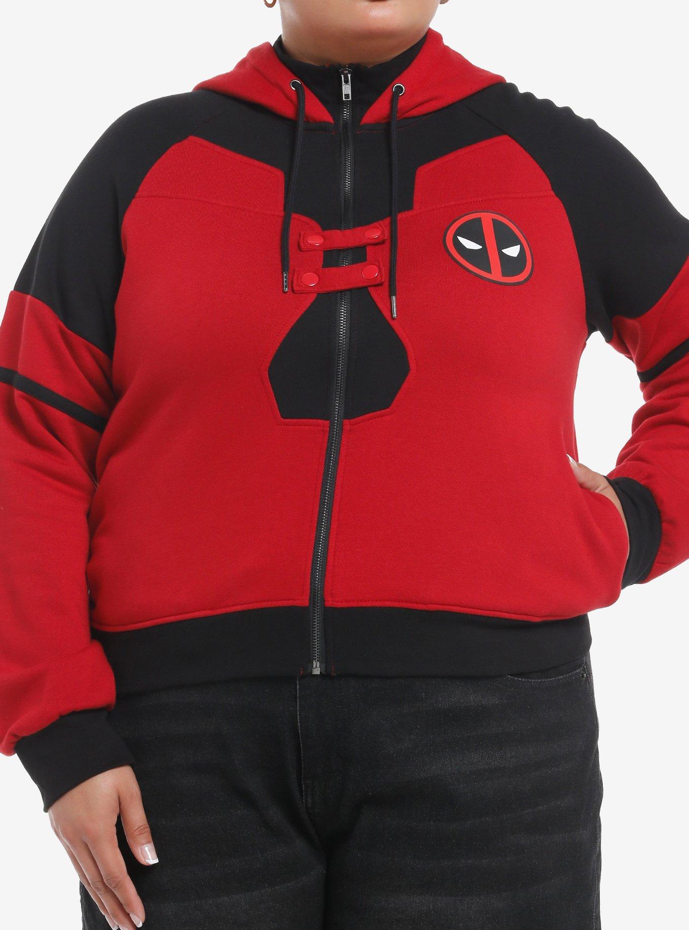 Her Universe Marvel Deadpool & Wolverine Deadpool Color-Block Crop Hoodie Plus Size, RED  BLACK, hi-res