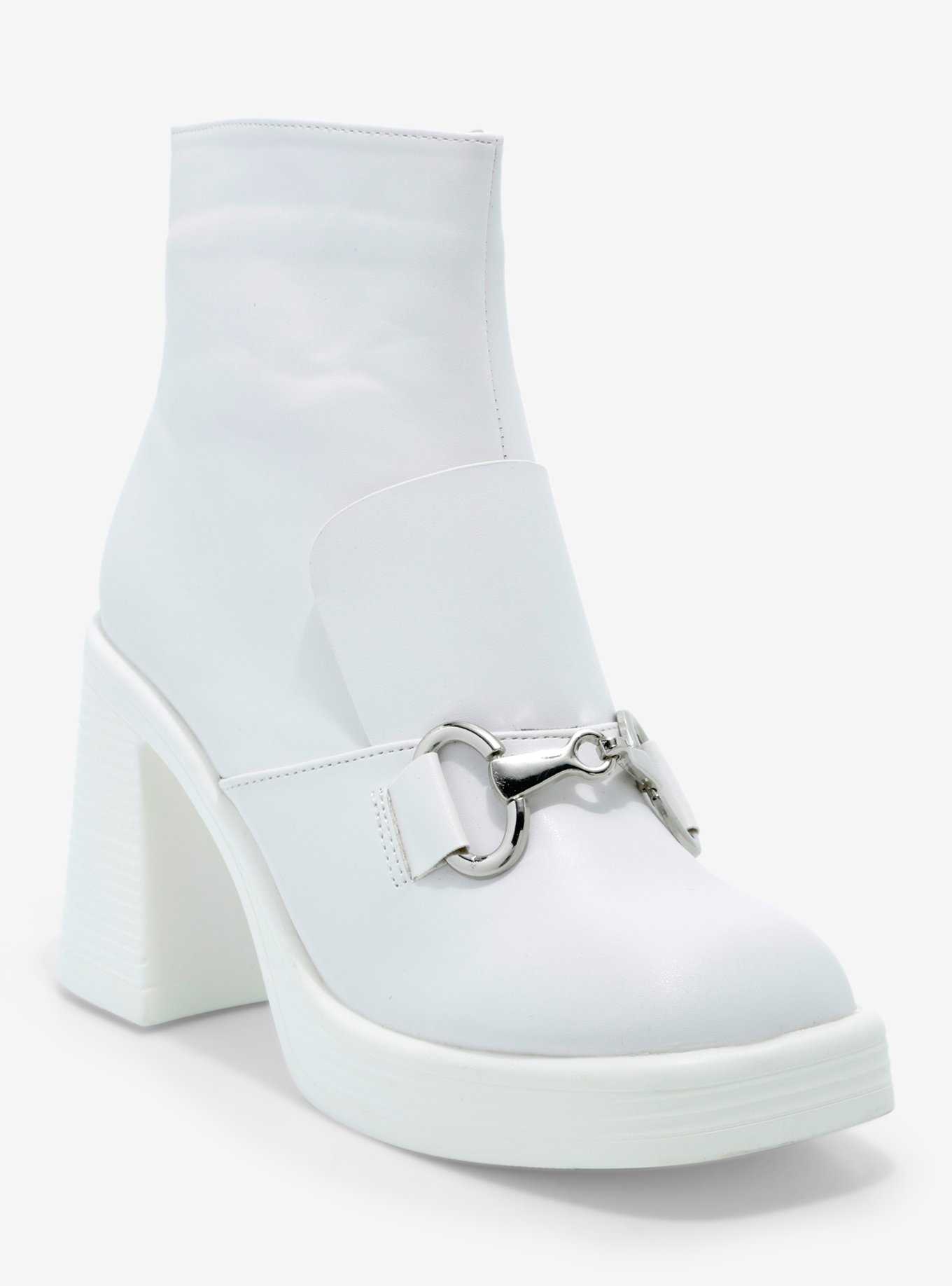 Yoki White Buckle Heeled Booties, , hi-res