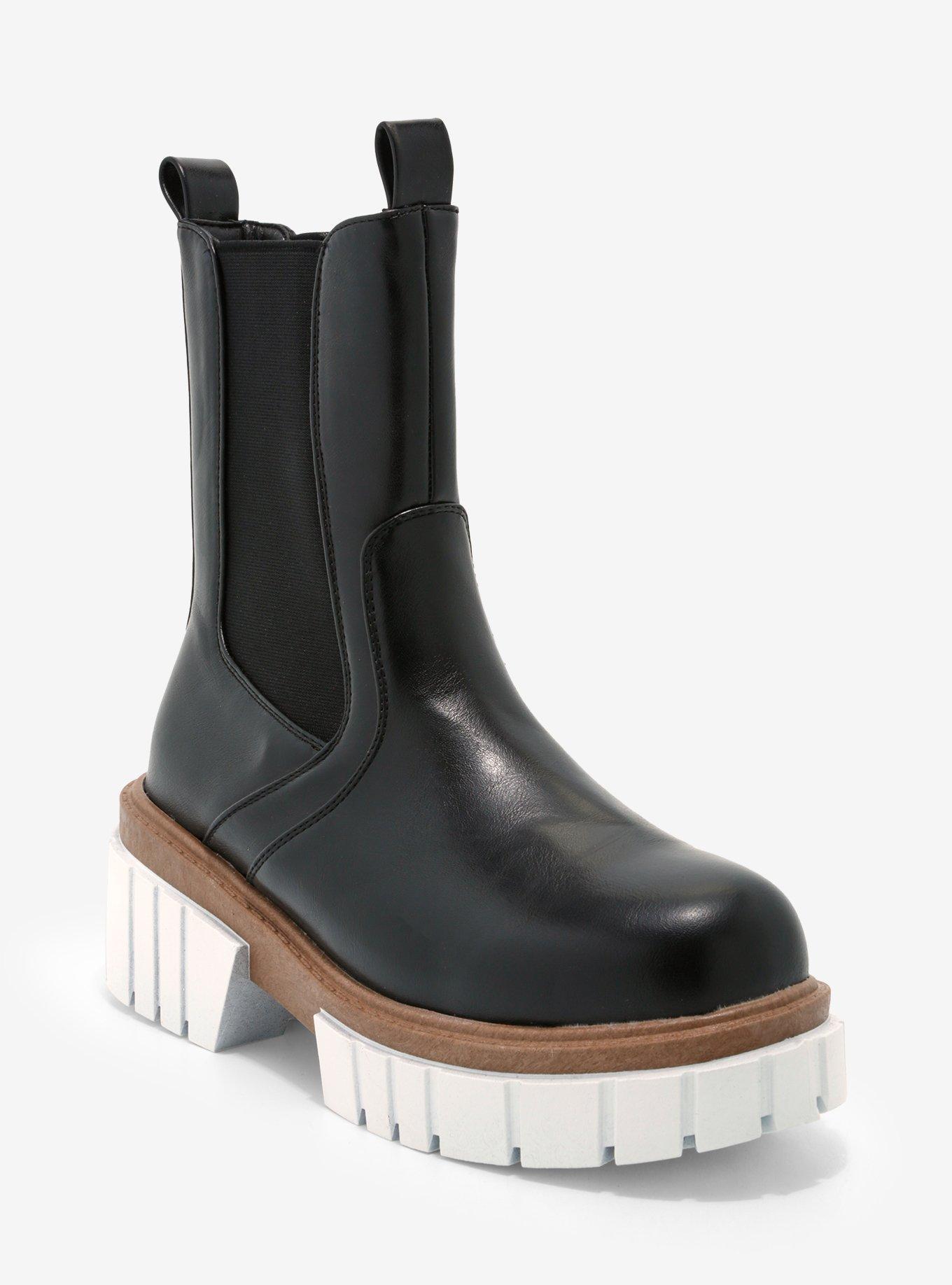 Yoki Black Slip-On Platform Combat Boots, MULTI, hi-res