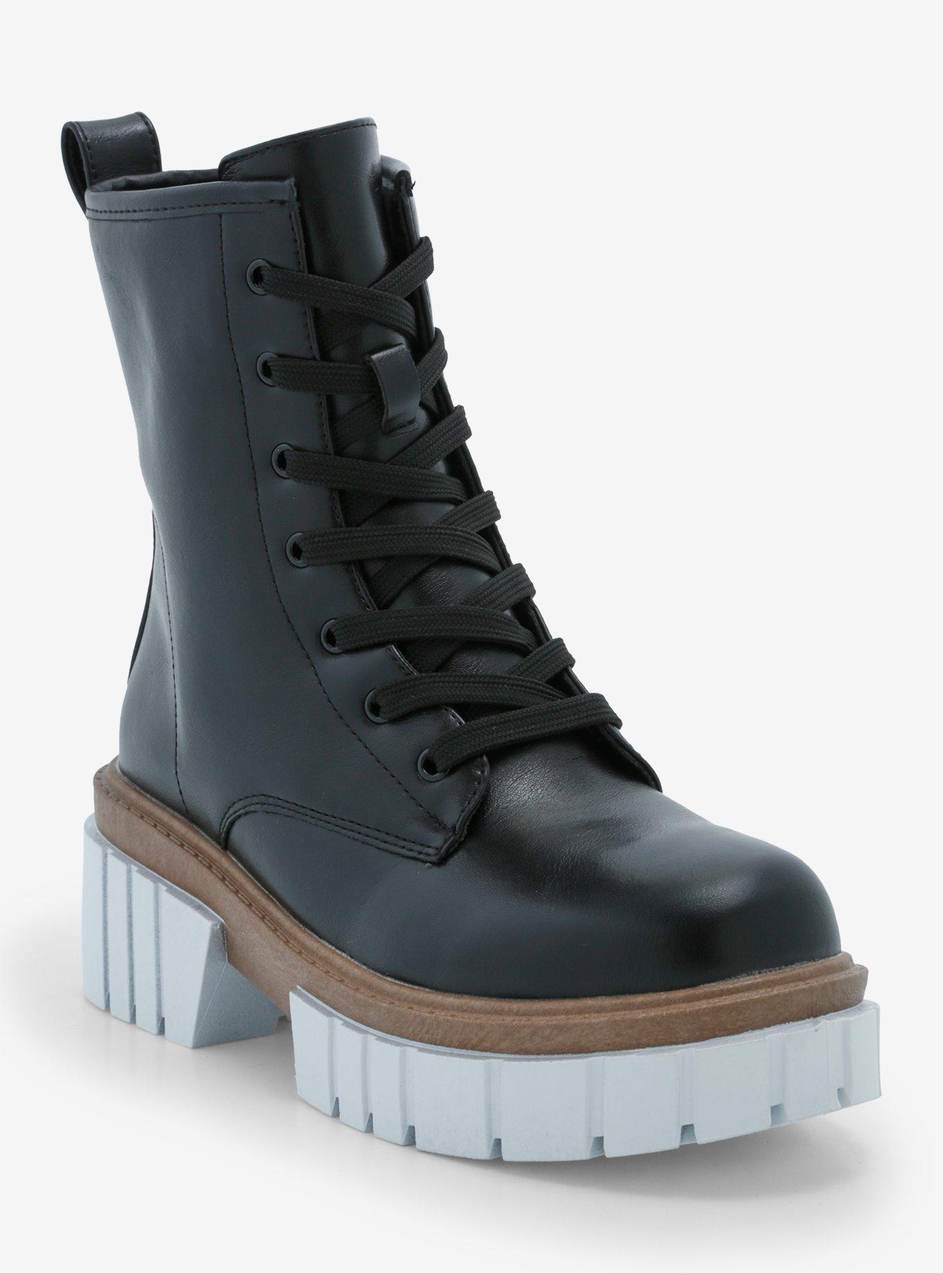 Yoki Black & White Platform Combat Boots, , hi-res