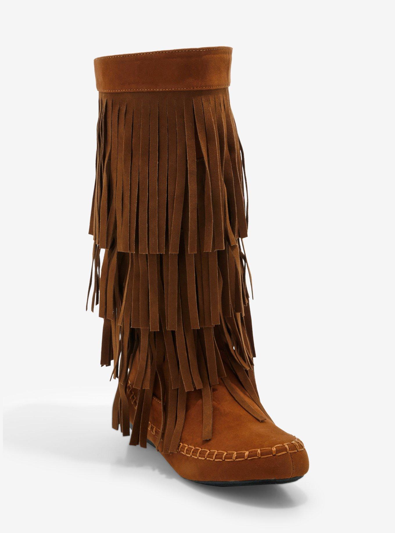 Yoki Brown Faux Suede Fringe Boots, MULTI, hi-res