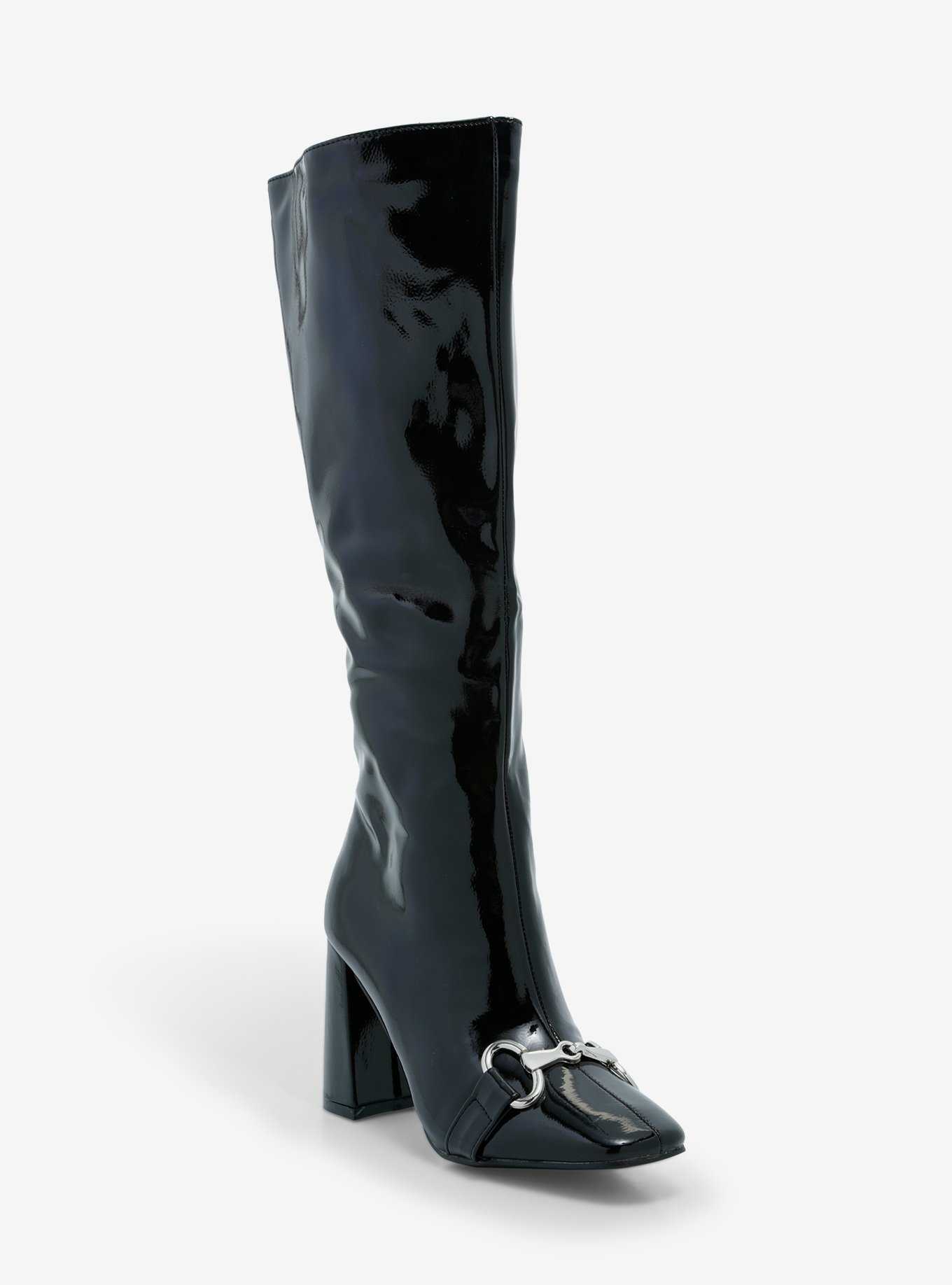 Yoki Shiny Black Buckle Knee-High Heel Boots, , hi-res