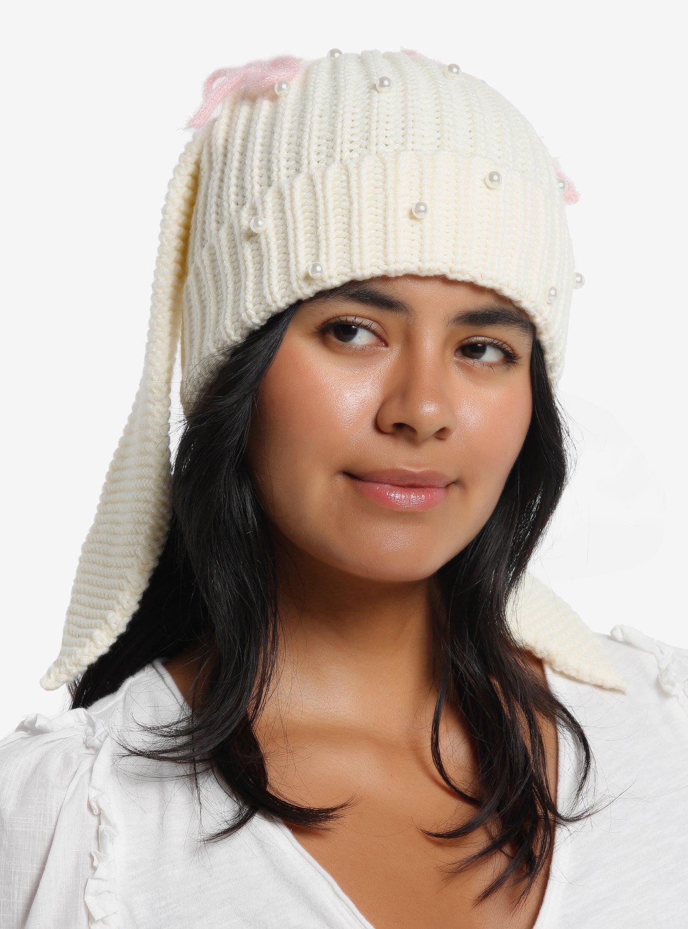 Bunny Ear Pearl Pink Ribbon Beanie, , hi-res