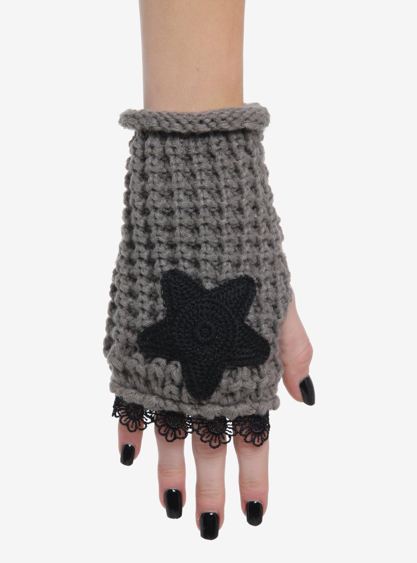 Grey & Black Star Crochet Fingerless Gloves, , hi-res