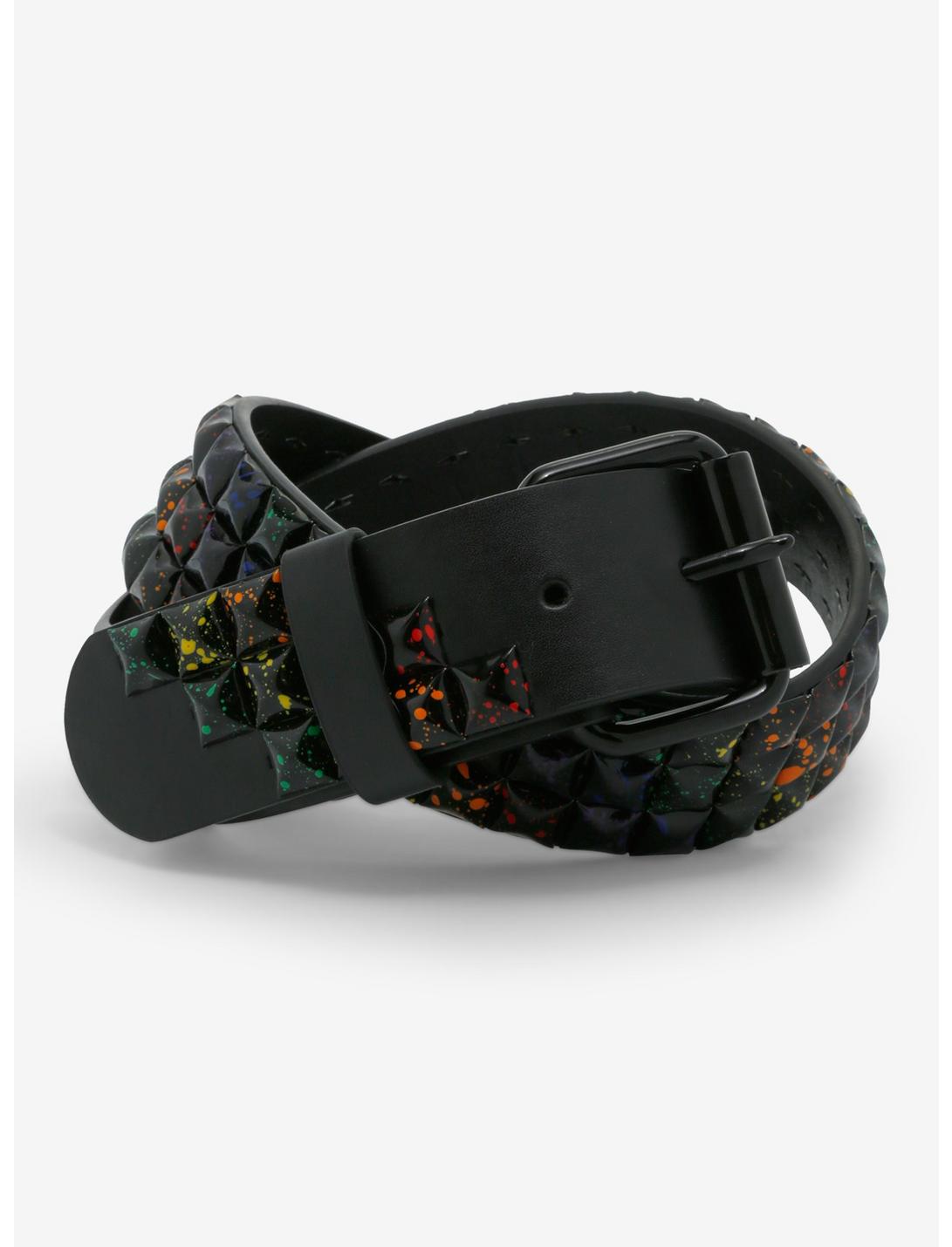Rainbow Splatter Black Pyramid Stud Belt | Hot Topic Rainbow Splatter Black Pyramid Stud Belt | Hot Topic