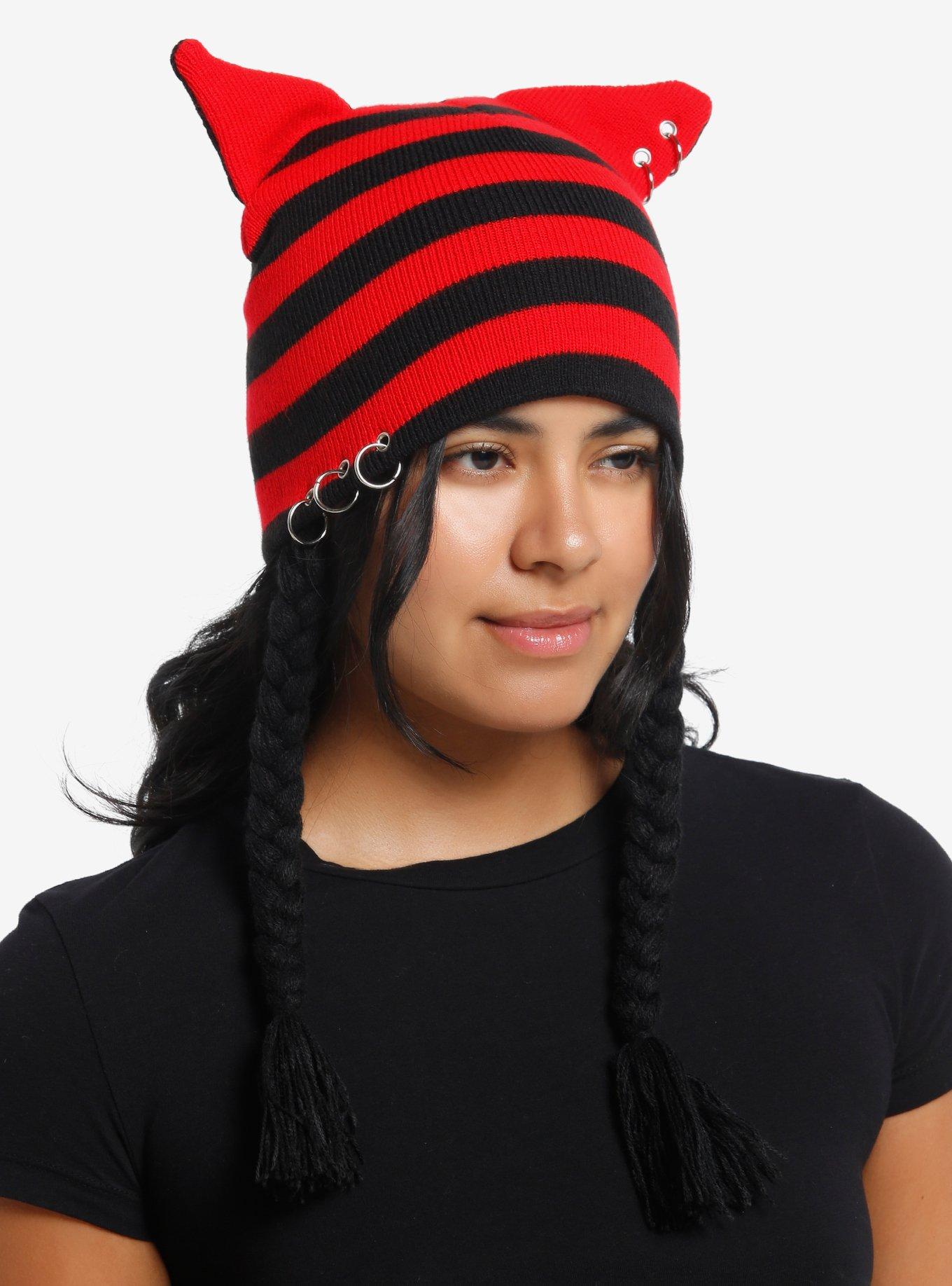 Red & Black Stripe Cat Ear Hardware Beanie, , hi-res