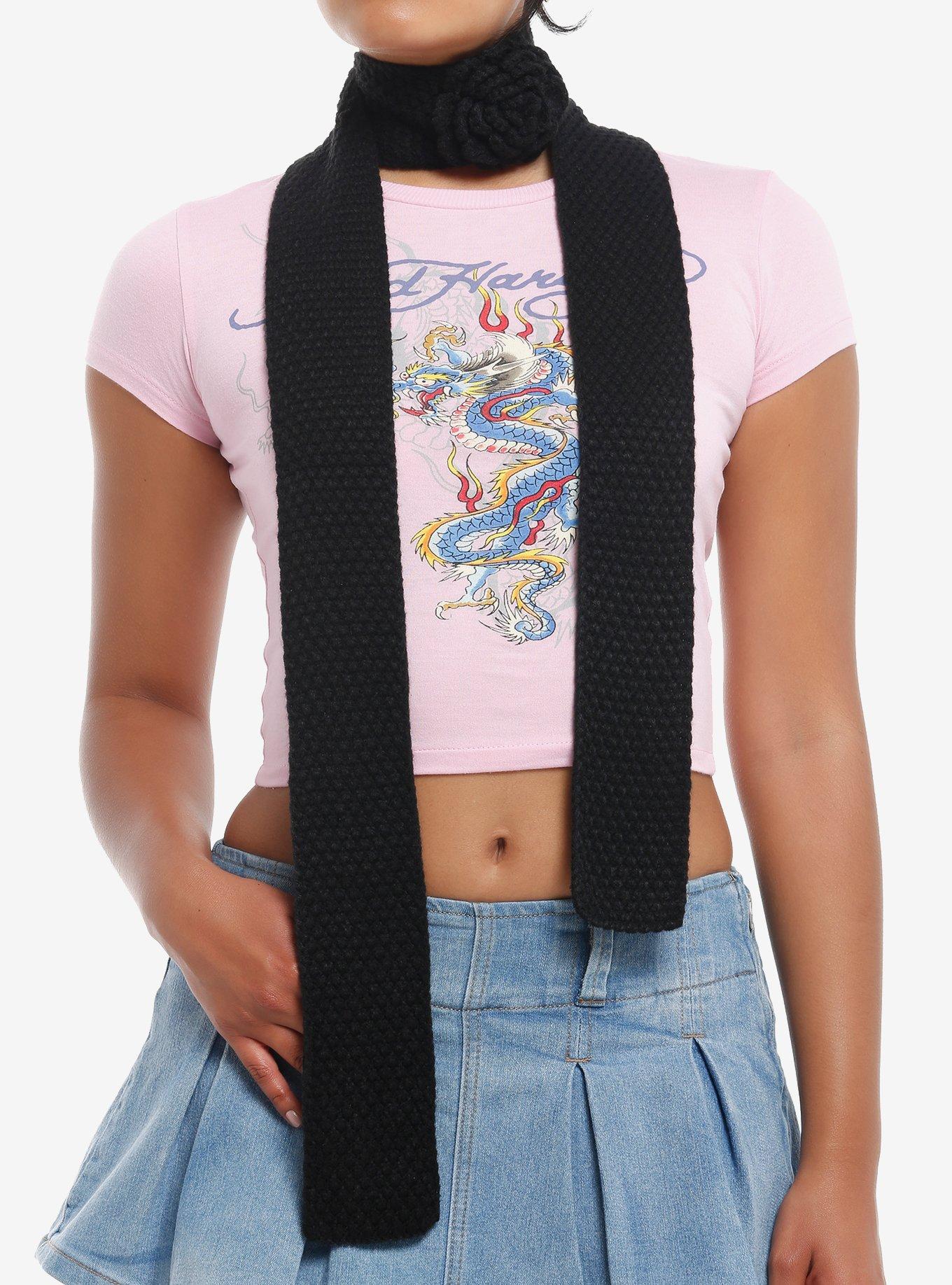 Black Rose Crochet Skinny Scarf, , hi-res