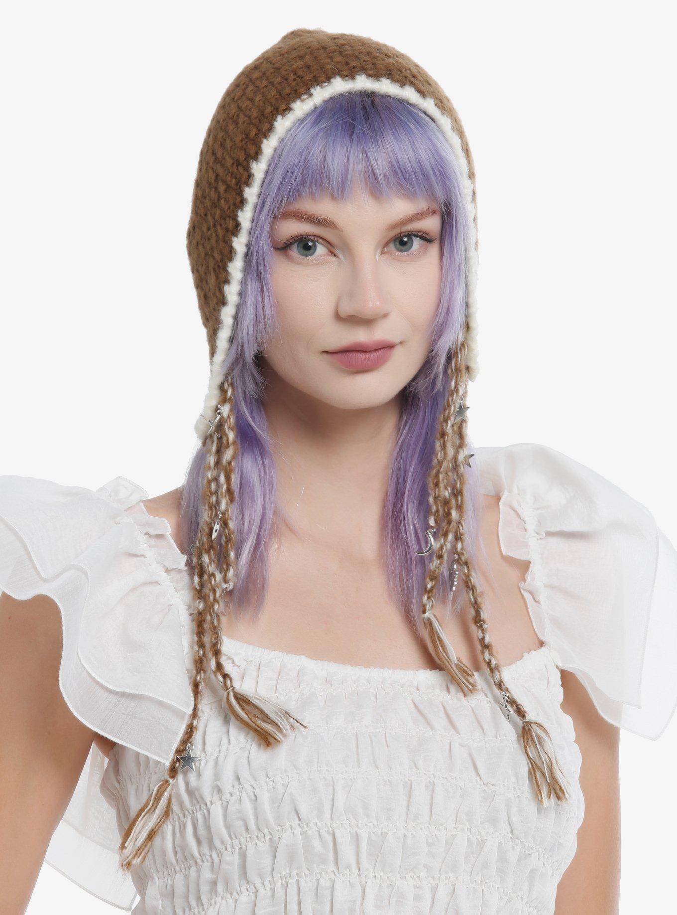 Brown Knit Star Charm Tassel Beanie, , hi-res