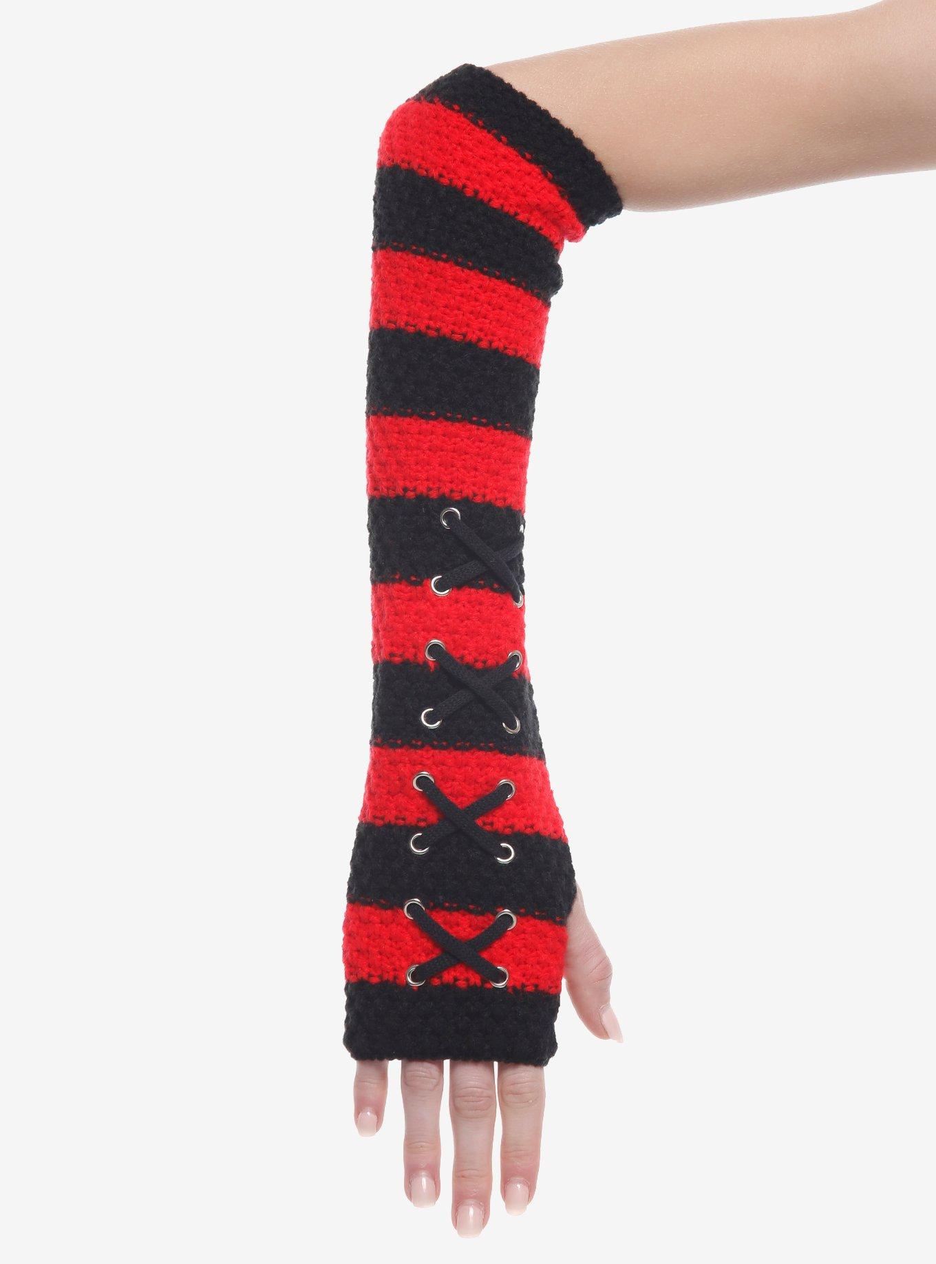 Black & Red Stripe Lace-Up Crochet Arm Warmers, , hi-res