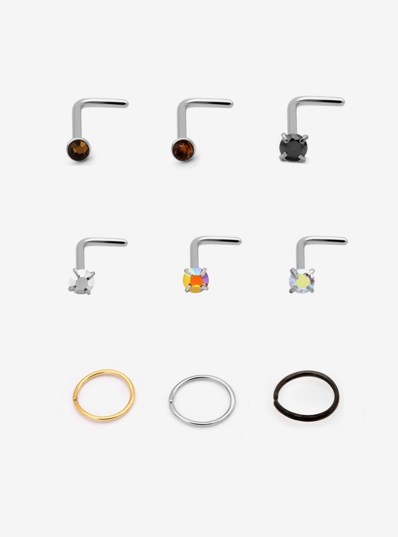 Steel Silver Iridescent Jewel Nose Stud & Hoop 9 Pack, MULTI, hi-res