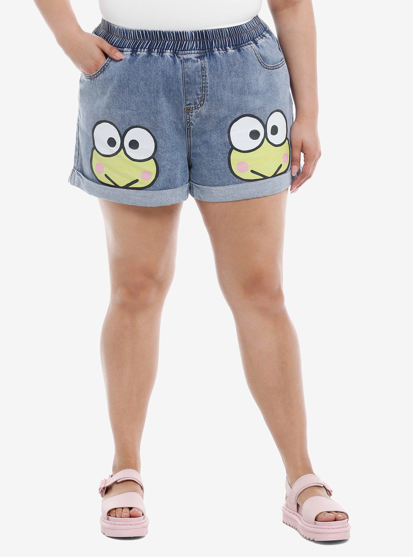 Keroppi Face Elastic High-Waisted Denim Shorts Plus Size, MULTI, hi-res