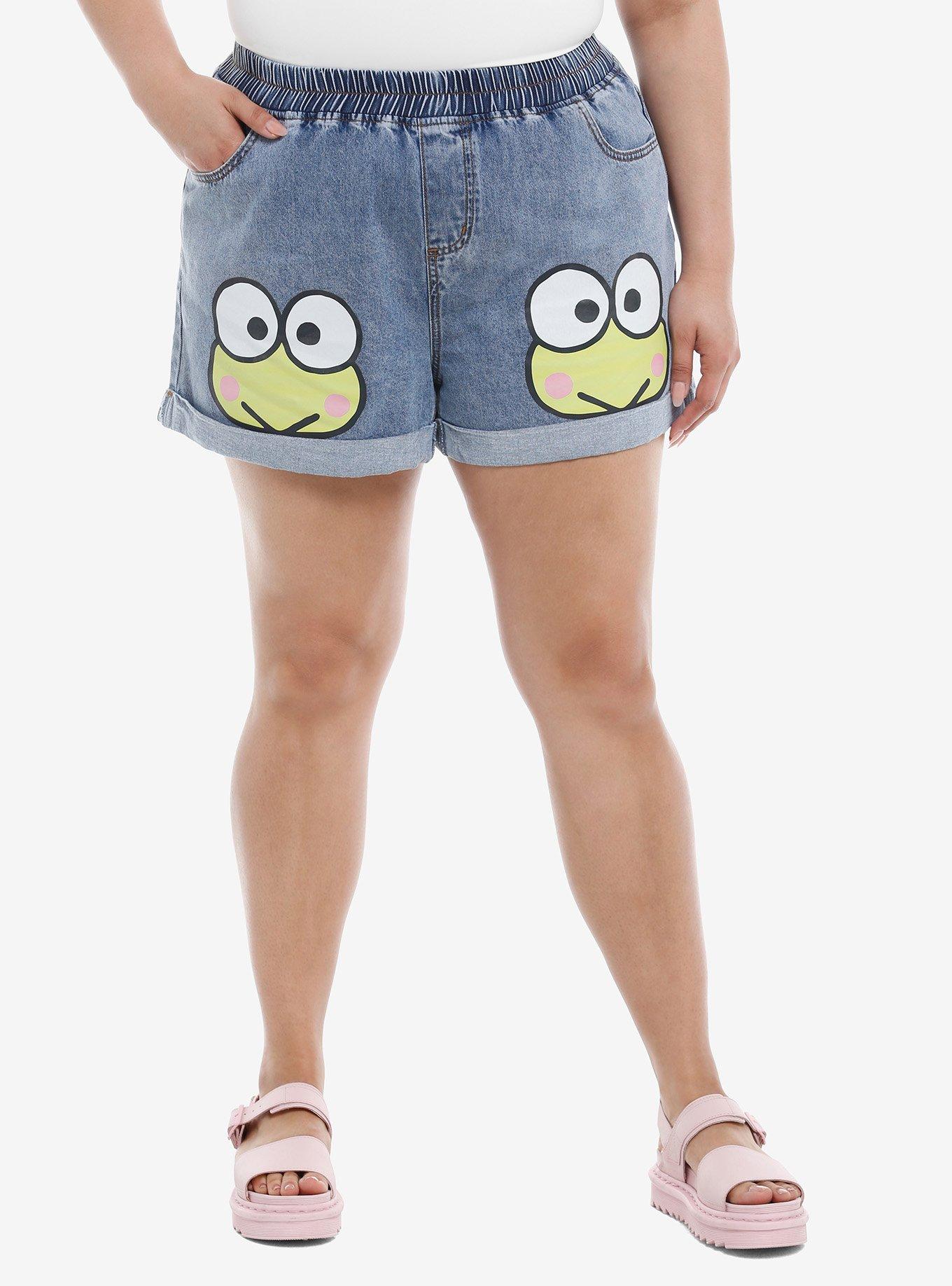 Keroppi Face Elastic High-Waisted Denim Shorts Plus Size, , hi-res