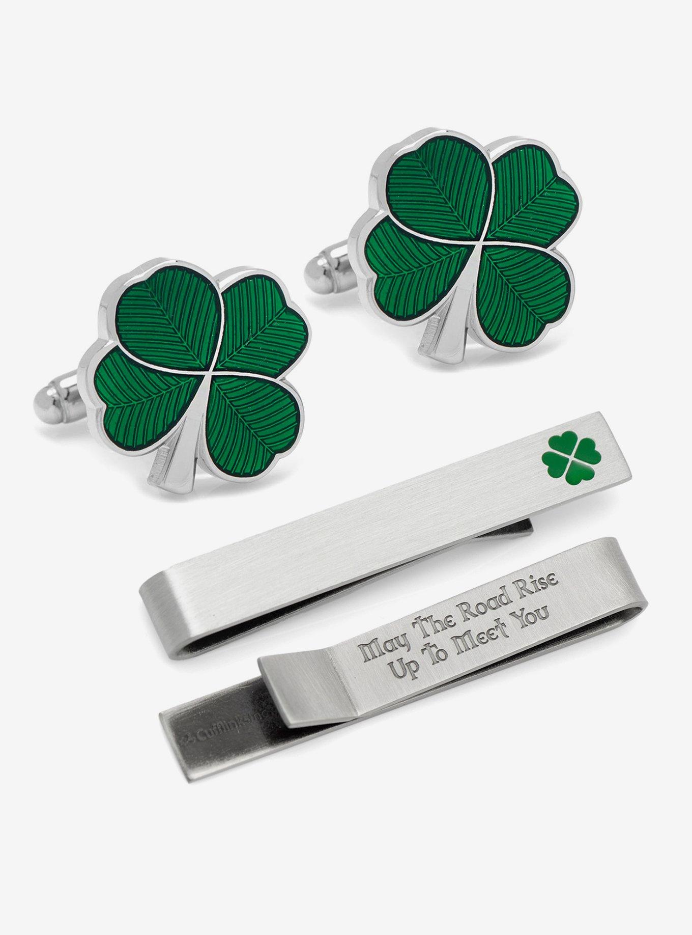 Green Clover Cufflinks and Tie Bar Set, , hi-res