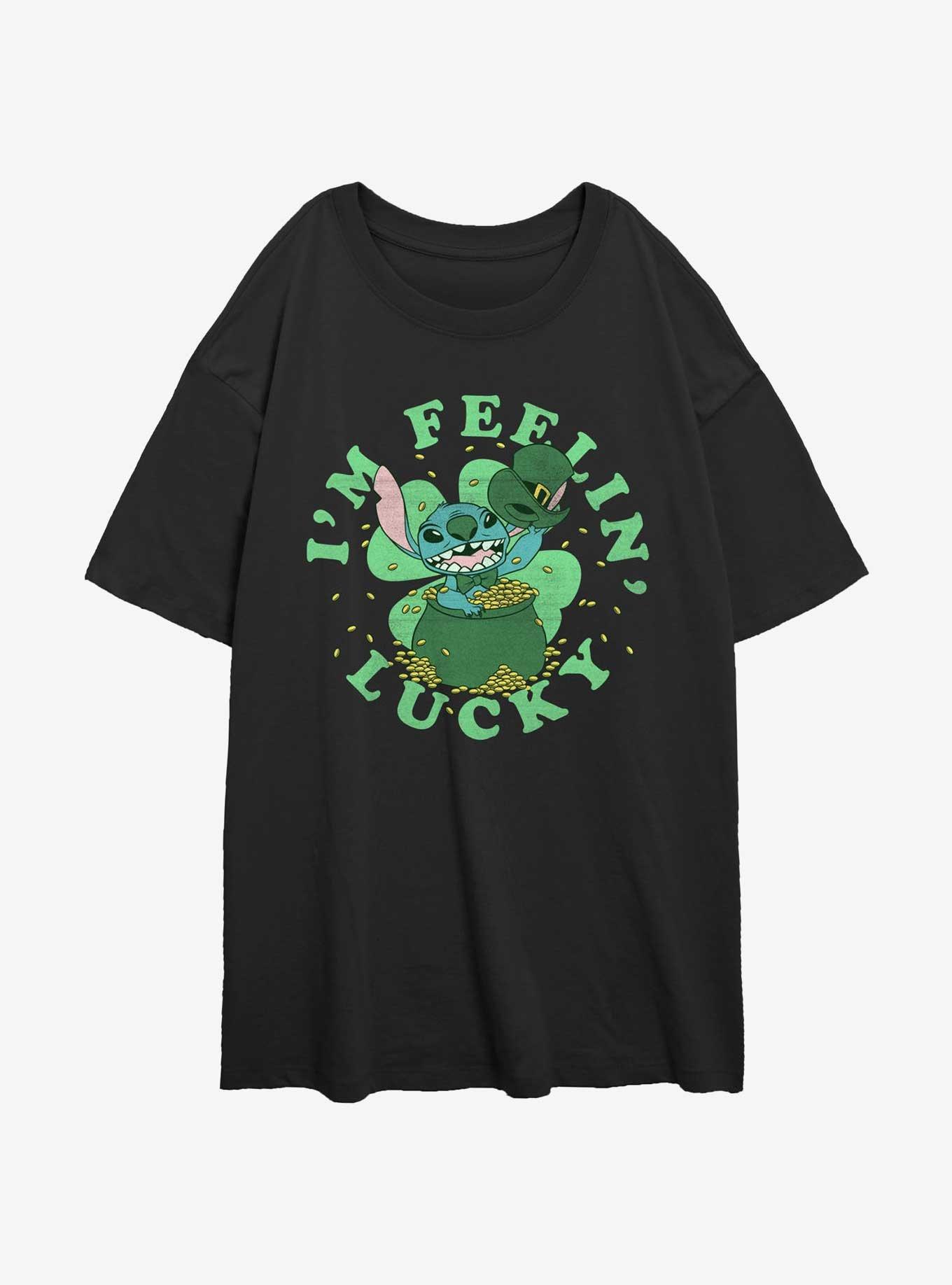 Disney Lilo & Stitch Leprechaun Stitch I'm Feelin Lucky Girls Oversized T-Shirt, BLACK, hi-res