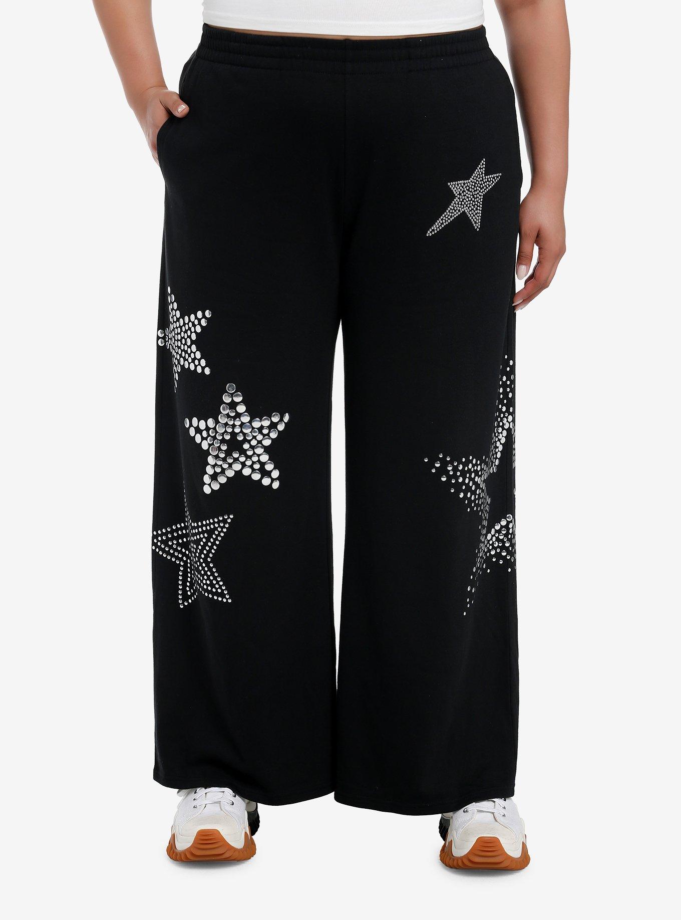 Black Studded Stars Wide Leg Girls Lounge Pants Plus Size, , hi-res