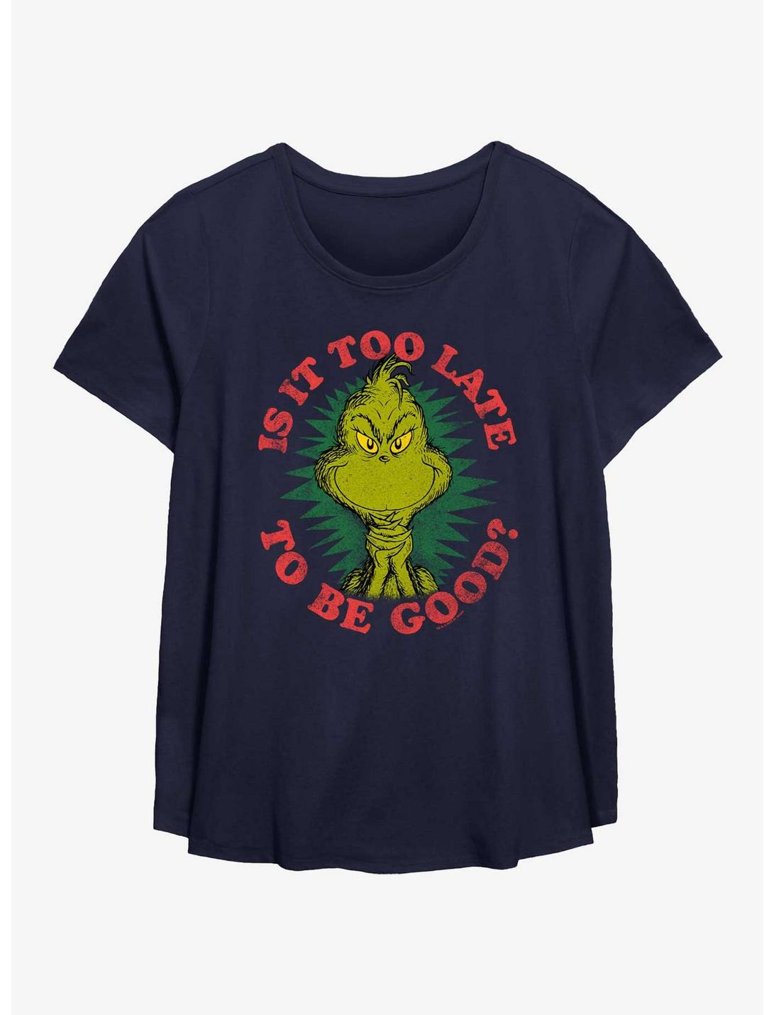 Dr. Seuss How The Grinch Stole Christmas Too Late To Be Good Womens T-Shirt Plus Size, NAVY, hi-res