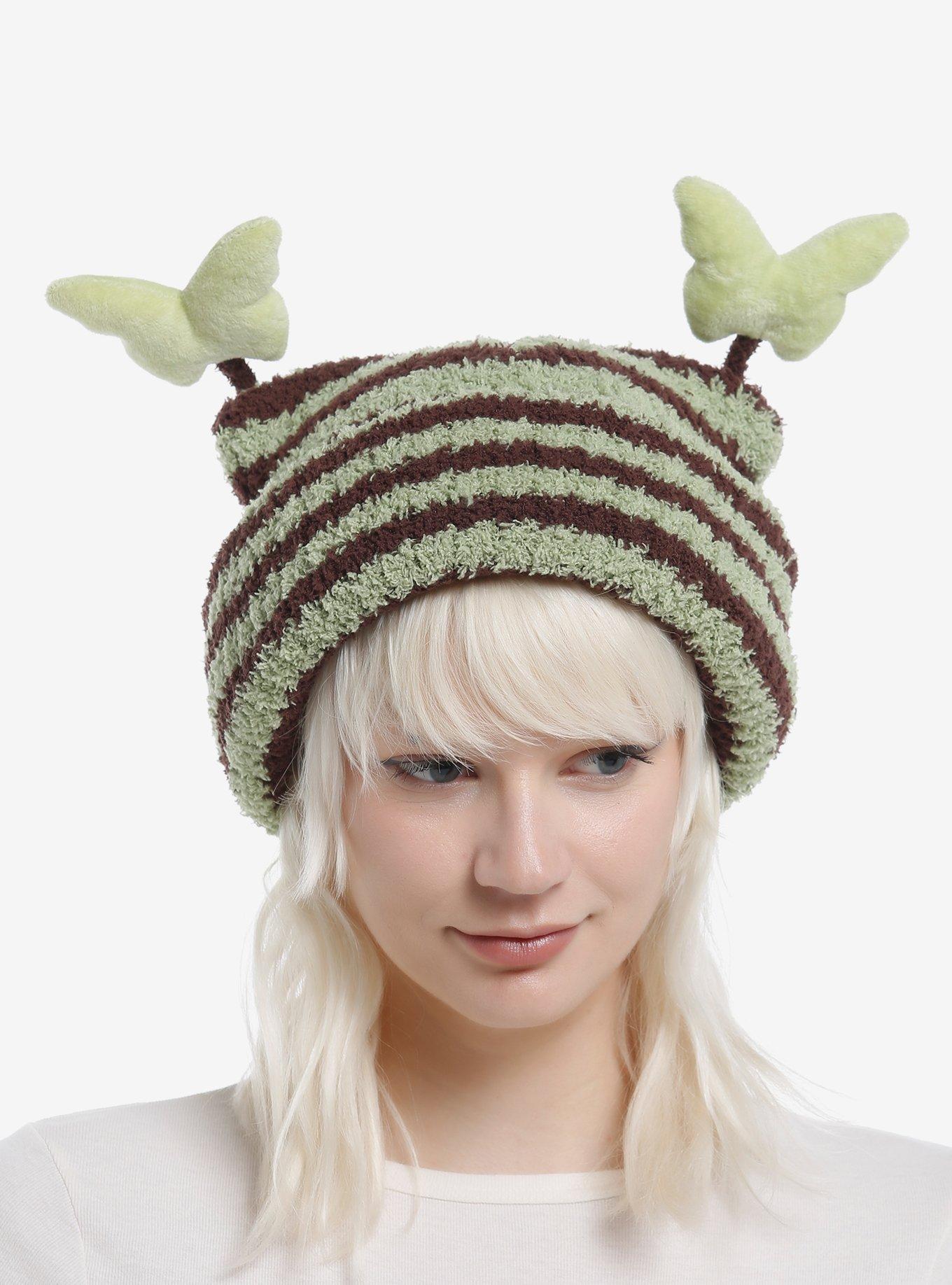 Brown & Green Stripe Butterfly Antenna Fuzzy Beanie, , hi-res