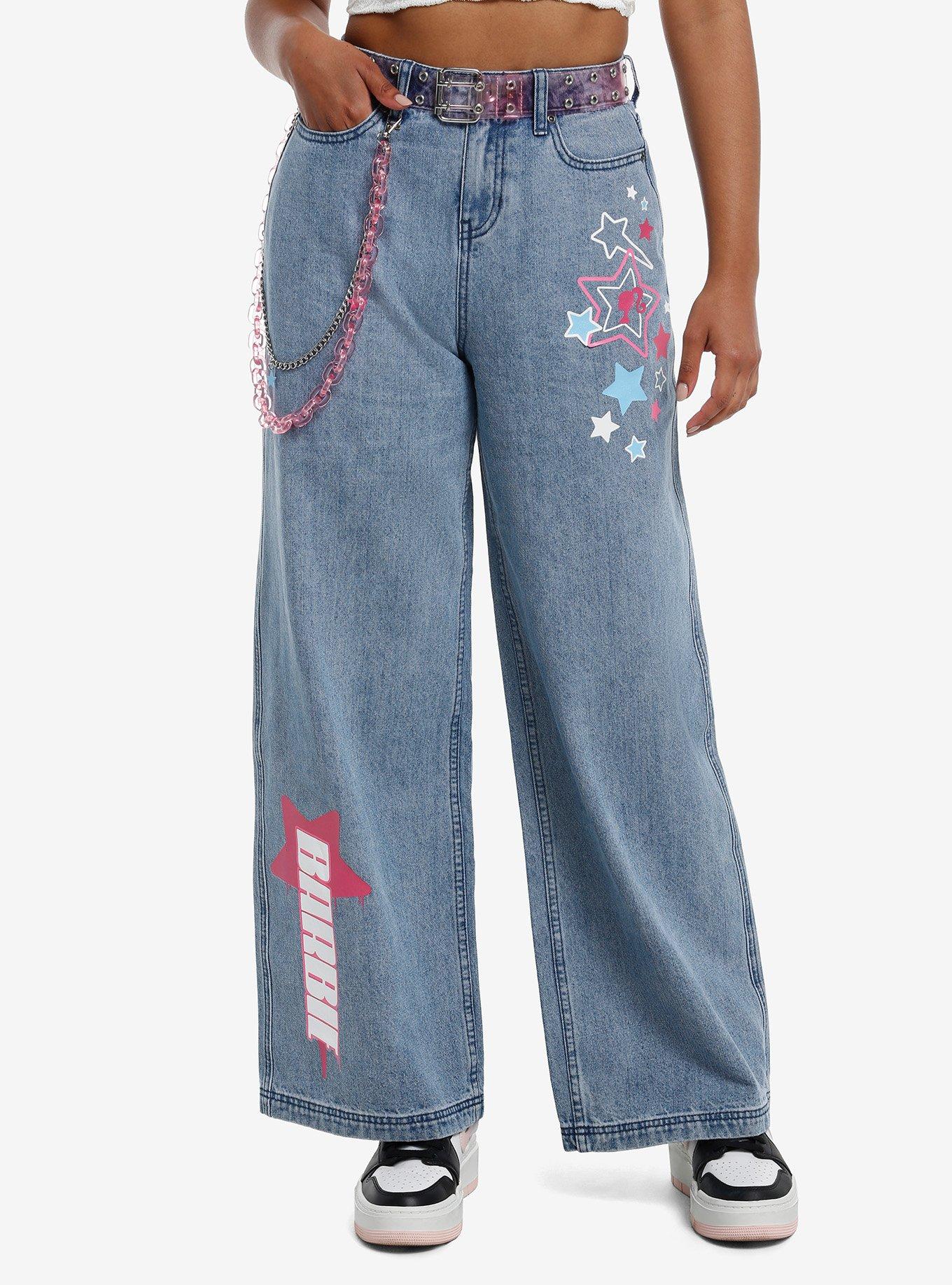 Barbie Y2K Star Wide Leg Jeans With Belt & Chain, LIGHT WASH, hi-res