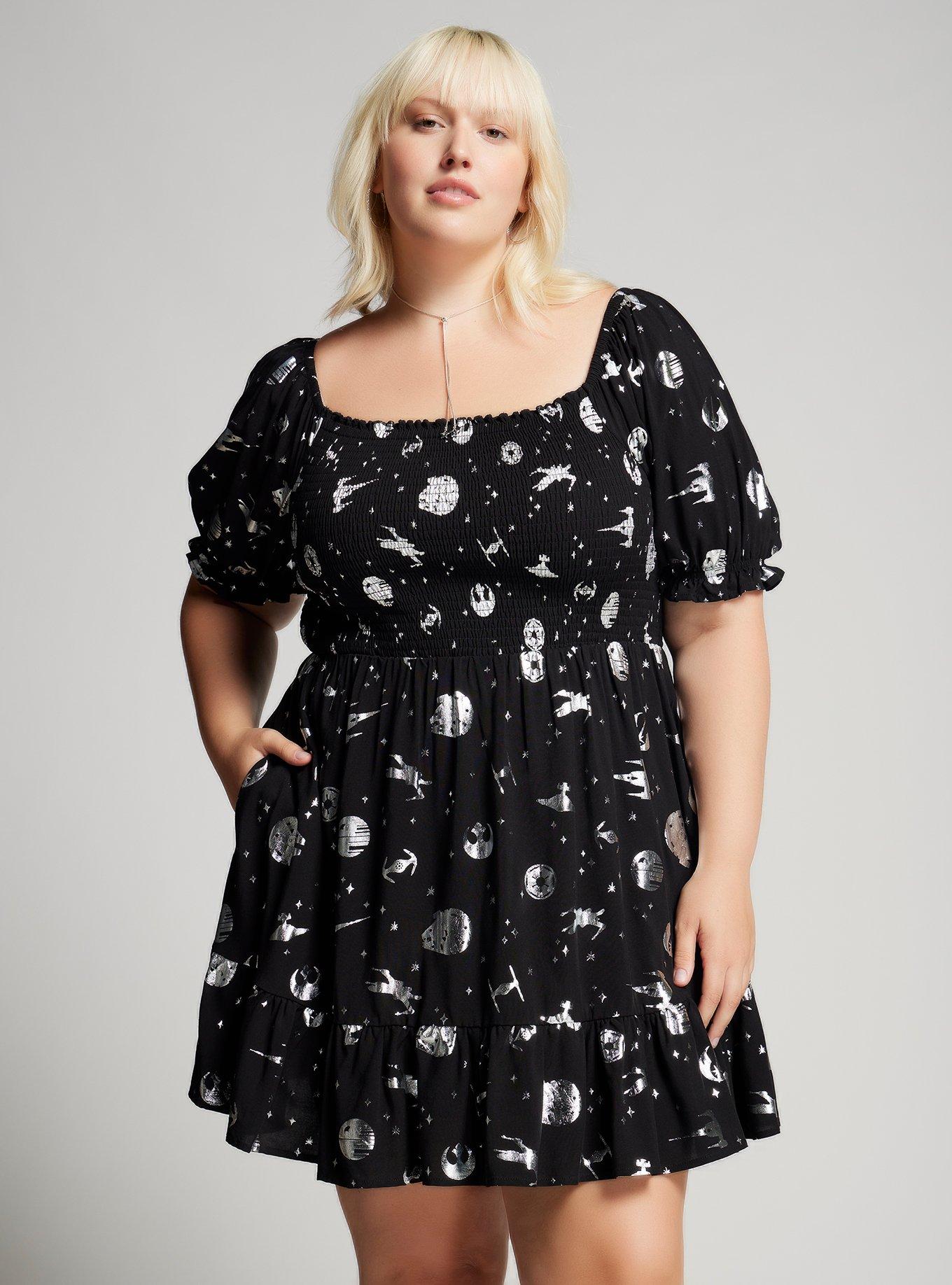 Her Universe Star Wars Silver Icons Allover Print Plus Size Smock Dress, BLACK  WHITE, hi-res