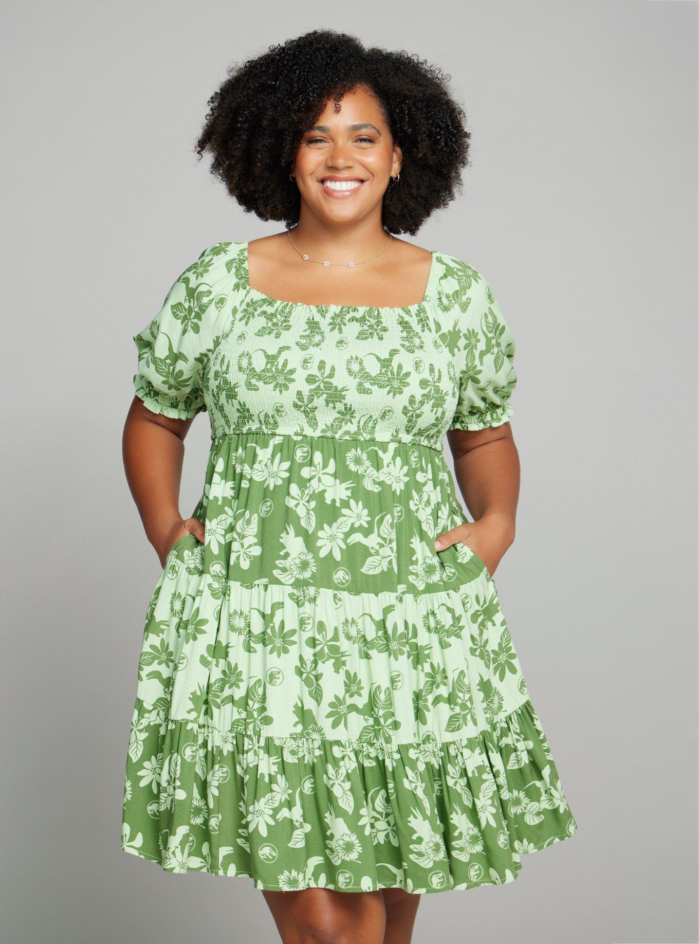 Jurassic Park Floral Dinosaur Allover Print Plus Size Smock Dress, GREEN, hi-res