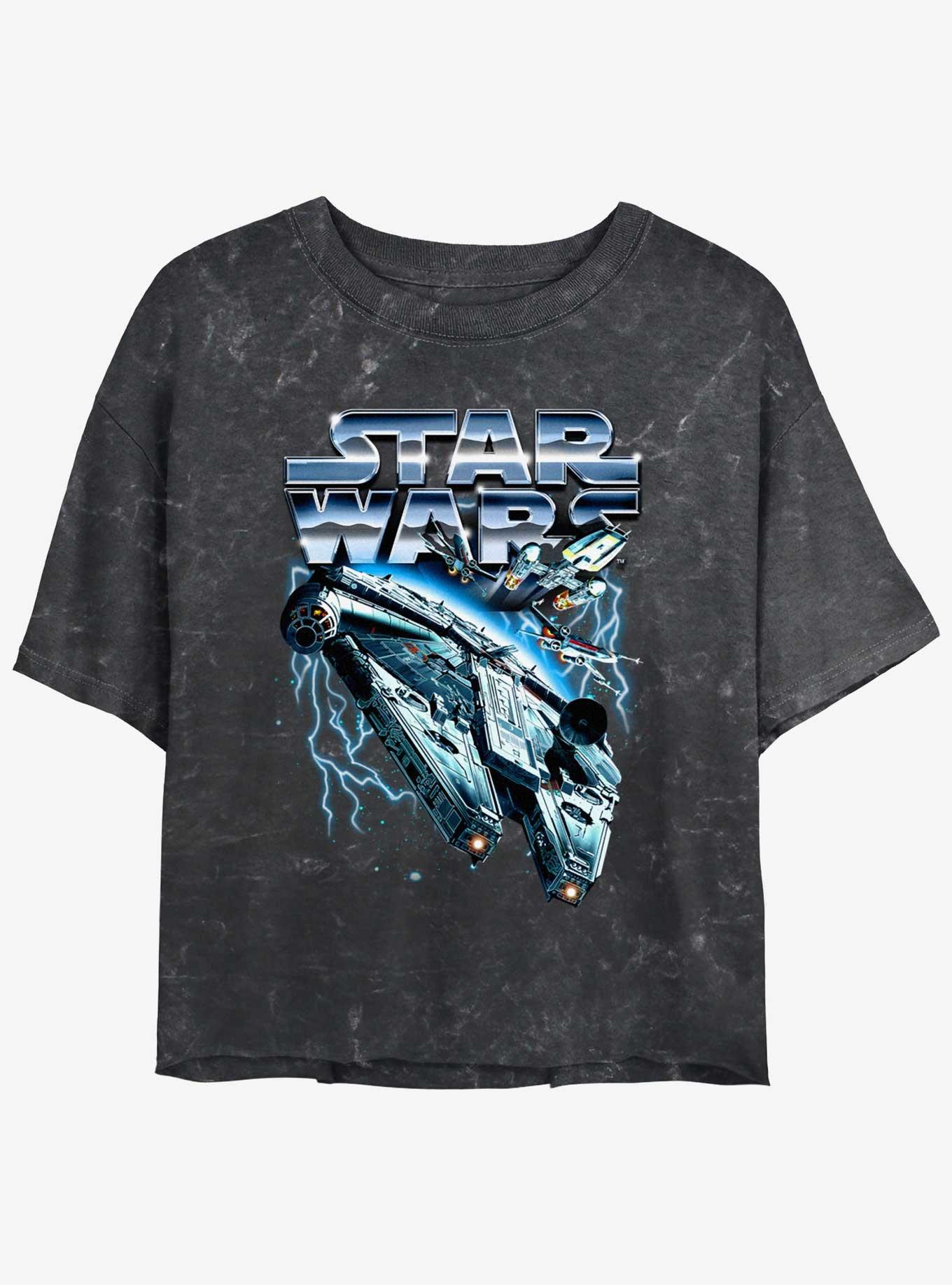 Star Wars Metal Ship Girls Mineral Wash Crop T-Shirt, BLACK, hi-res