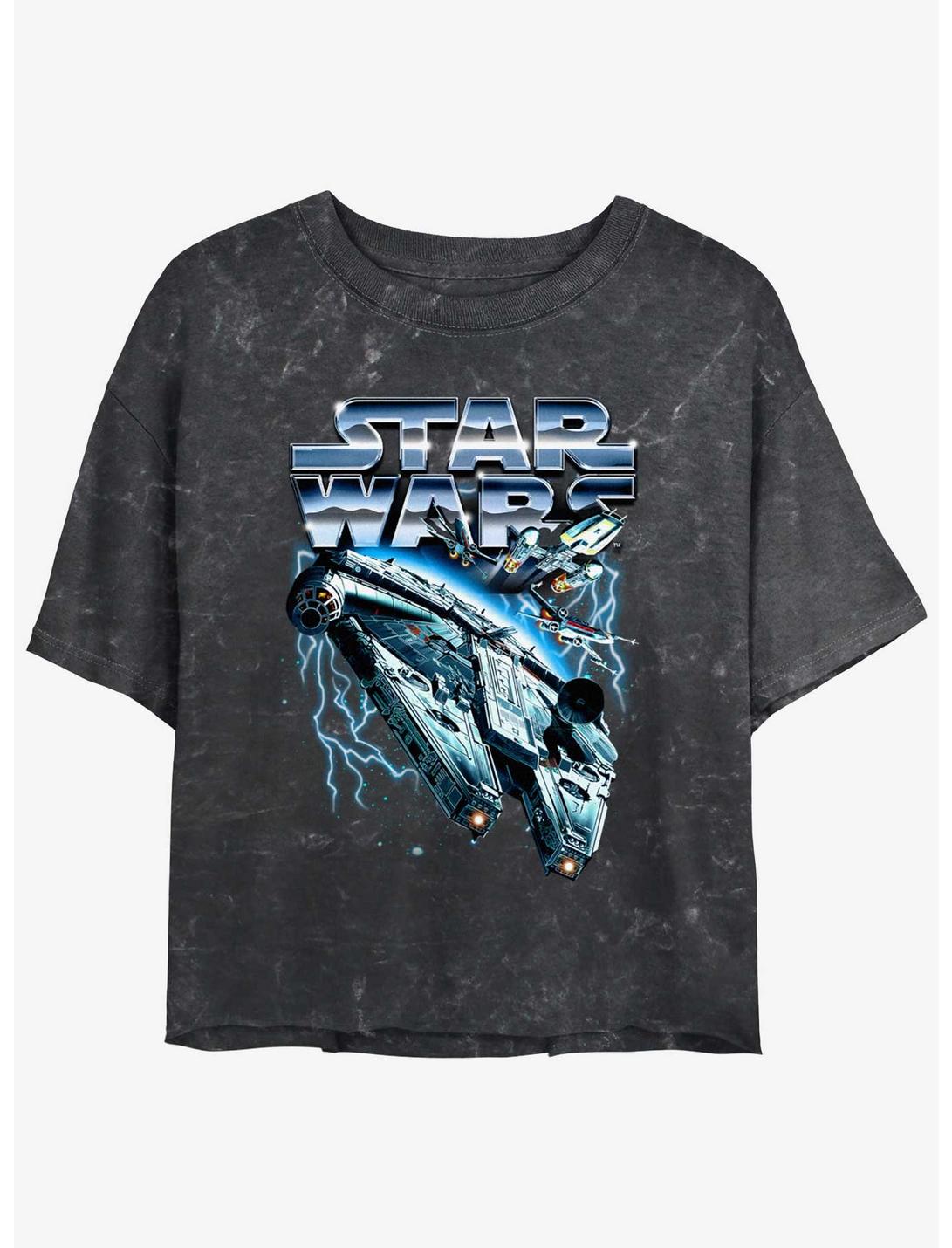 Star Wars Metal Ship Womens Mineral Wash Crop T-Shirt, BLACK, hi-res