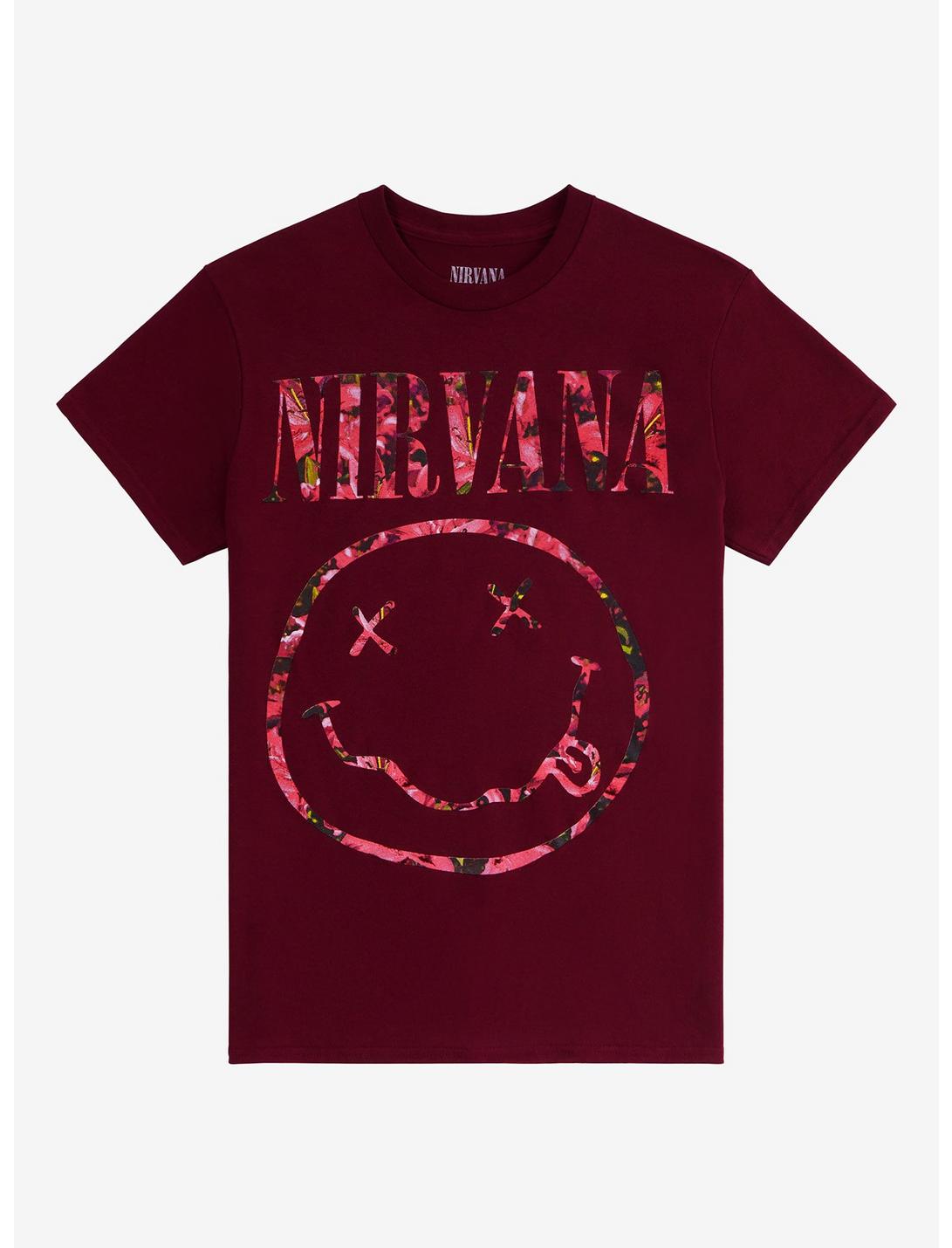 Nirvana Floral Smile Burgundy Boyfriend Fit Girls T-Shirt, BURGUNDY, hi-res