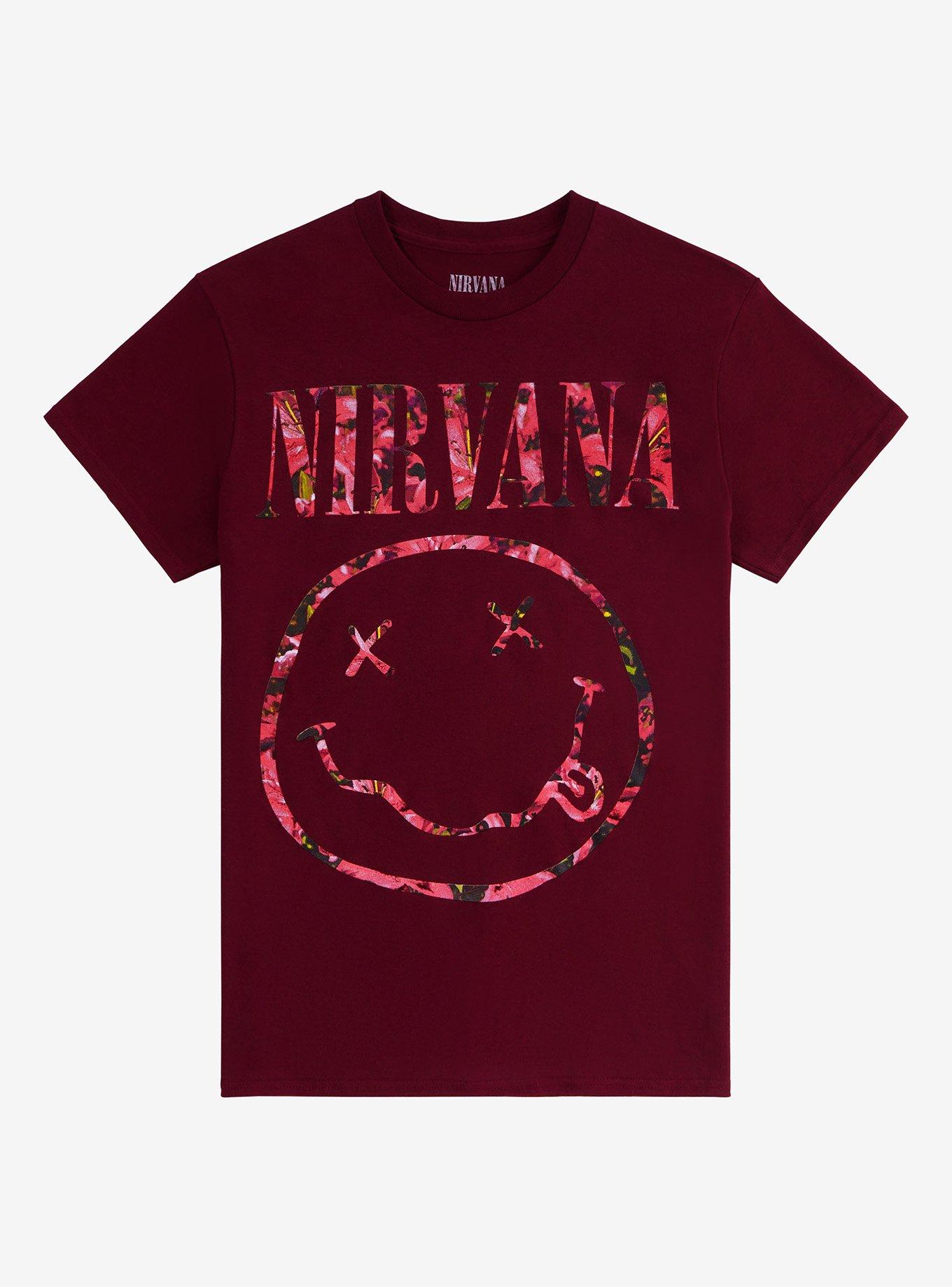 Nirvana Floral Smile Burgundy Boyfriend Fit Girls T-Shirt, BURGUNDY, hi-res