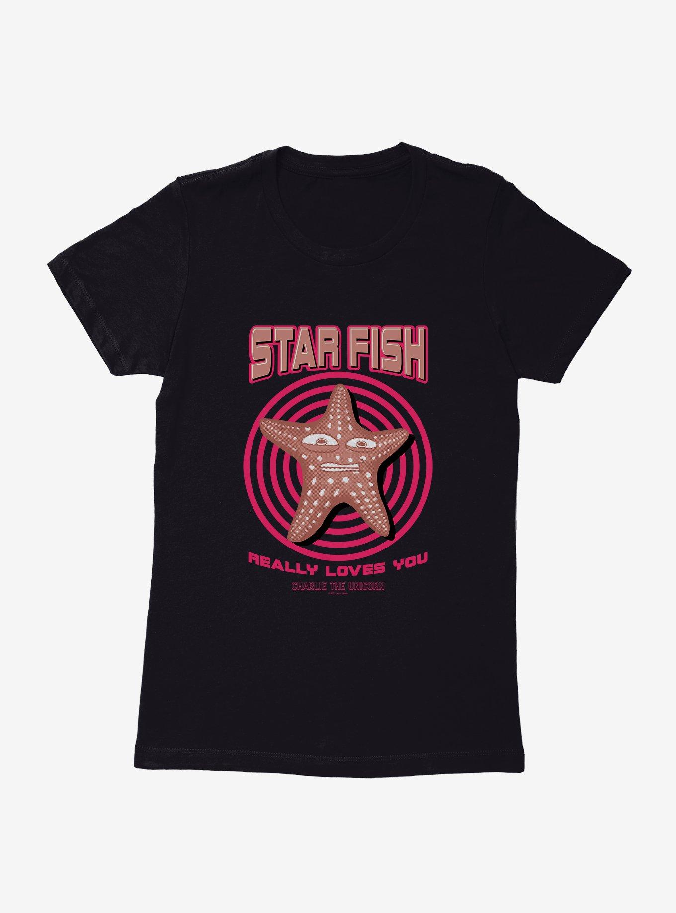 Charlie The Unicorn Star Fish Really Loves You Womens T-Shirt, BLACK, hi-res view 1