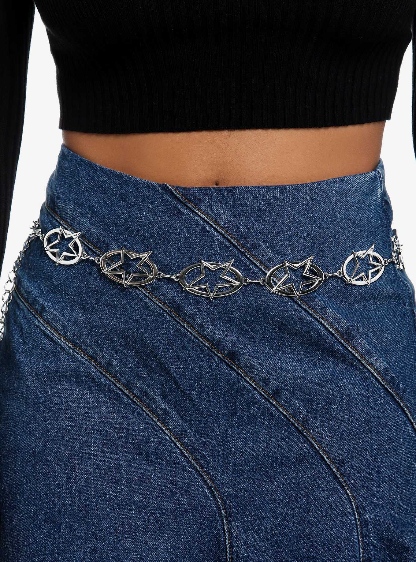 Silver Circle Star Charm Chain Belt, , hi-res